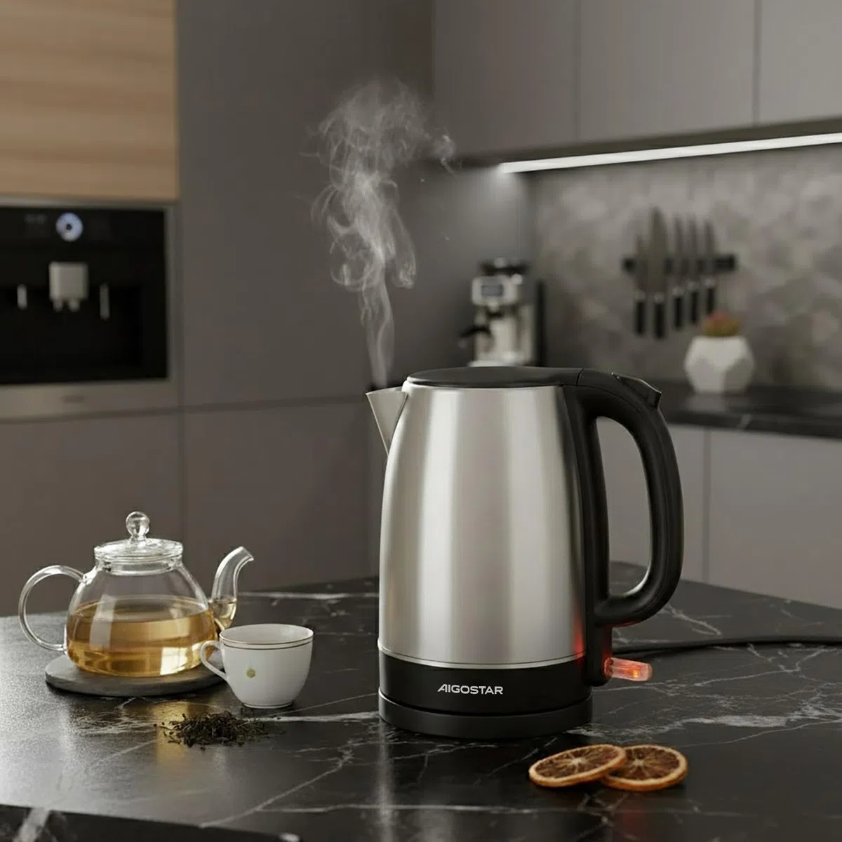 Aigostar Wasserkocher Edelstahl 1,7 L, 2200W Elektrischer Wasserkocher mit Kalkfilter, Kabellos, Abschaltautomatik, ideal für Tee, Kaffee, Babynahrung, BPA-Frei, Schwarz