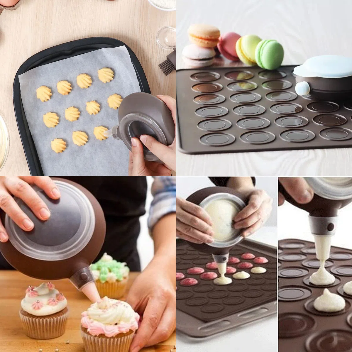 Macarons Backmatte aus Silikon 48 Mulden Antihaftbeschichtet Macaron Silikonmatte Silikonform mit Dekorationsstift, 4 Düsen Makronenplatte BPA Frei Makronenformen für Cupcake, Dessert, 38 x 28cm