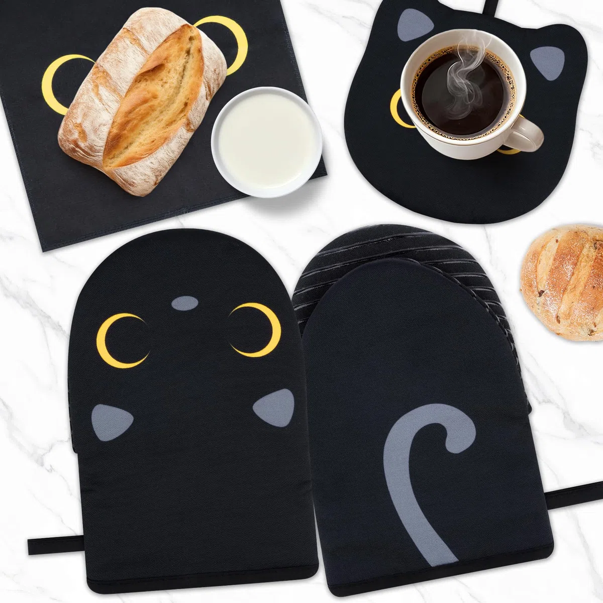 Ofenhandschuhe,Schwarze Katze Kochhandschuhe,Niedlich Kurz Küchenhandschuhe mit 1 Pcs Topflappen, Weich Schwarze Katzes Topflappen Handschuh Set für Backen Mikrowelle,22 X 14 cm