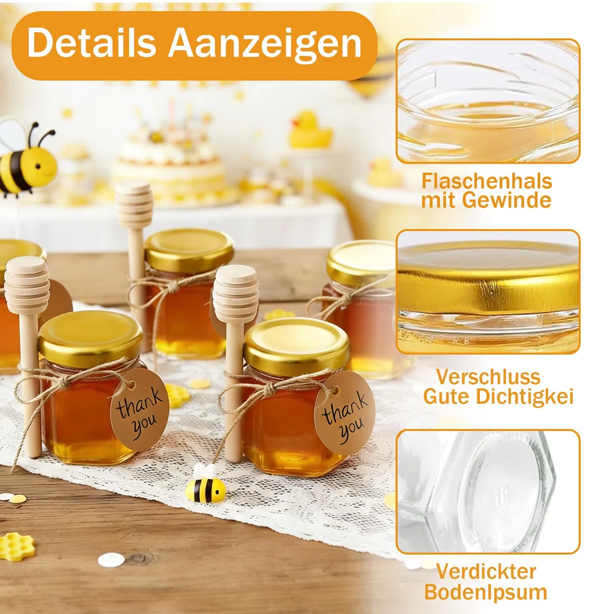 20 Stück 45ml Kleine Honiggläser, Hexagon Mini Glas Marmeladengläser mit Aufkleber, Hölzernen Dippers, Geschenktüten, Jutes, Gilt für Gastgeschenk Set für Hochzeit, Party, Geburtstag