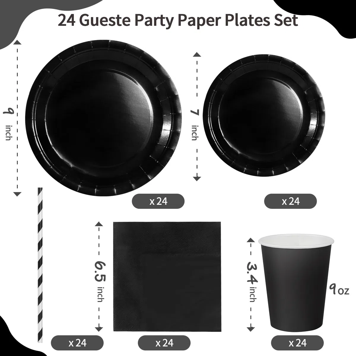 Schwarz Partygeschirr, 121 Stück Pappteller Sets, Party Pappteller Becher Servietten Partyteller Partyset Süße Party, für Feste und Feiern wie Geburtstag