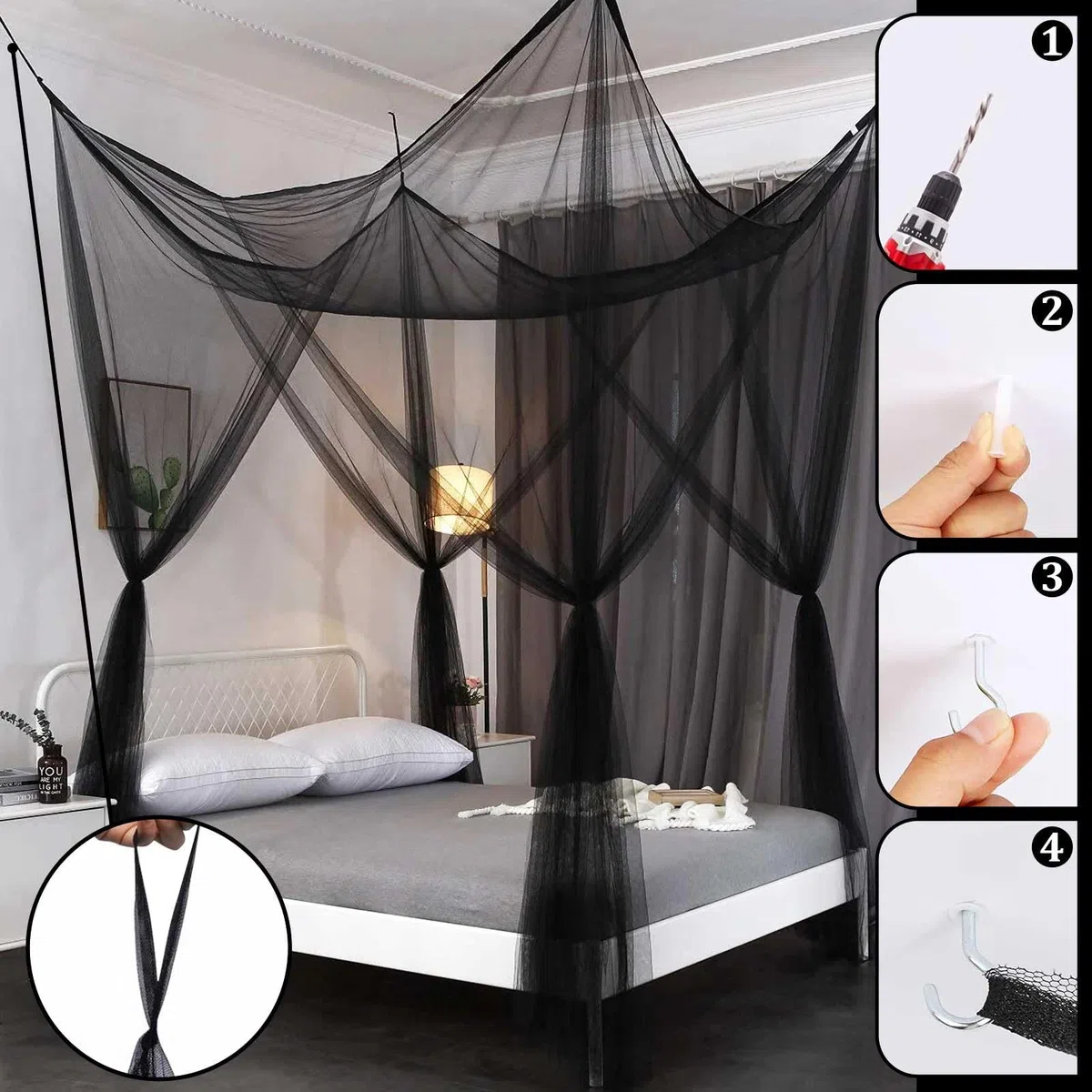 Betthimmel,Hängendes Moskitonetz Bett,Screen Netting Himmelbett Vorhänge,Insektenschutz Mosquito Netz Bett,4 Einträge Quadratische Canopy Bed Curtains,Moskitonetz Schwarz für Freien Drinnen