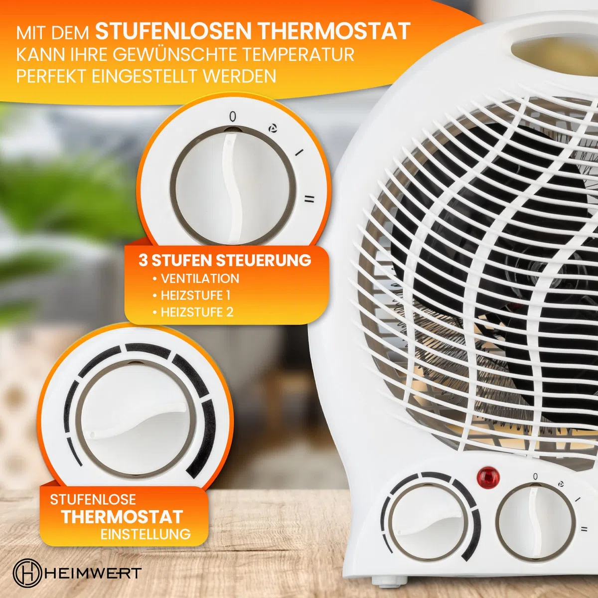 HEIMWERT Heizlüfter energiesparend 2000 Watt - Schnellheizer mit ENERGIESPARSTUFE und Tragegriff - Elektroheizung mit Thermostat und 2 Strom Heizstufen I 2in1 Kühlfunktion I 22x29x13 cm (weiß)