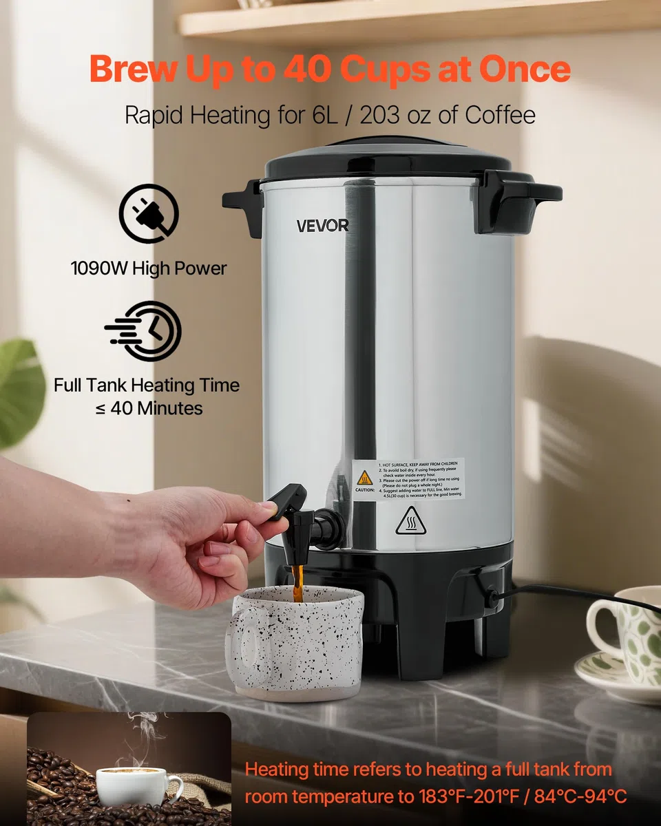 VEVOR kommerzieller Kaffeeautomat 40 Tassen 6 L Heißgetränkespender mit tropffreiem Wasserhahn, Kaffeekanne mit automatischer Temperaturregelung, für Catering Party Kirche Restaurant Café