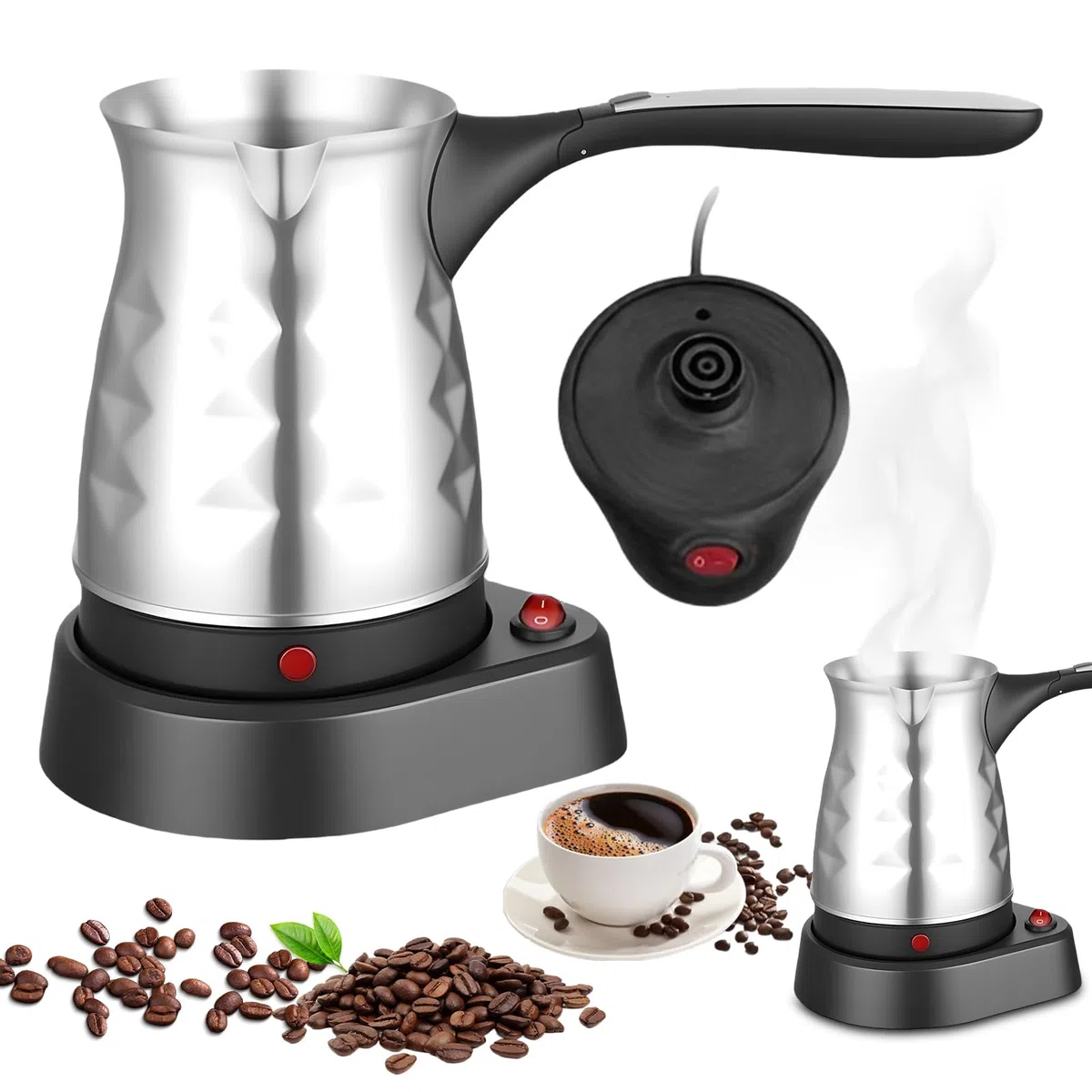Elektrische Türkische Kaffeemaschine: 500ml 600W Edelstahl Türkischer Kaffeekocher mit Faltbar Handgriff, Mokkakanne Türkische Kaffeekanne Espressokocher für Reisen, Zuhause, Büro