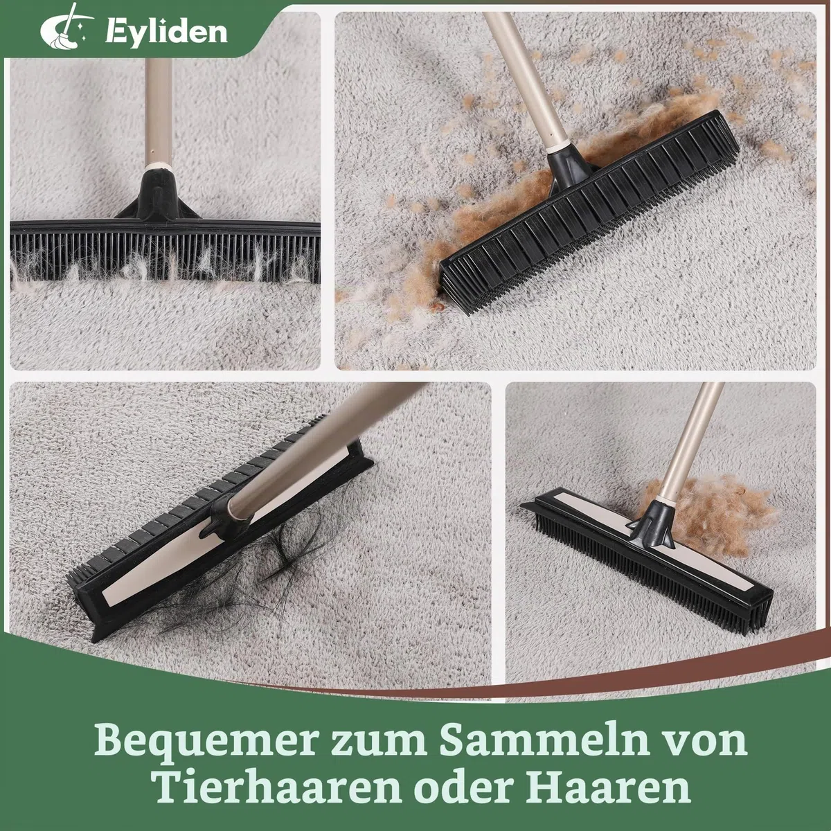 Eyliden Gummibesen mit Stiel, 2-in-1 Bodenbürste mit Bodenabzieher & Teleskopstiel (137cm) - Ideal für Teppiche Tierhaare und Hartböden, Besen für alle Böden - drinnen & draußen
