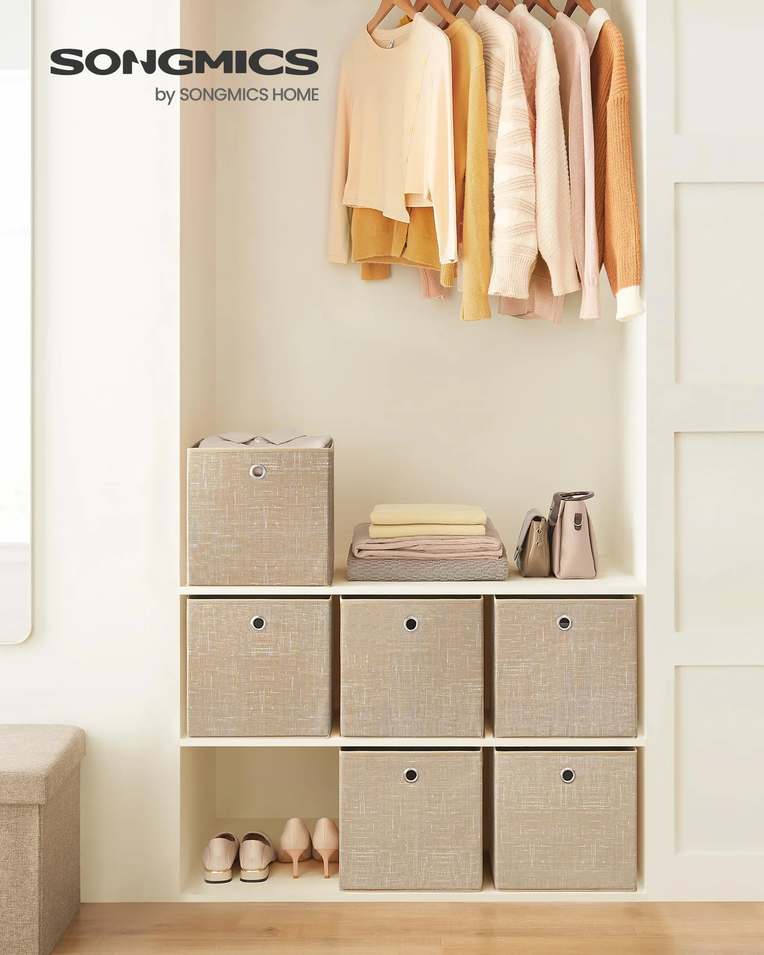 SONGMICS Aufbewahrungsbox, 6er Set, Ordnungsboxen aus Vliesstoff mit Griff, Boxen Aufbewahrung, 30 x 30 x 30 cm, Organizer Box, für Würfelregal, Faltbox, Kleideraufbewahrung, sandbeige RFB006K03