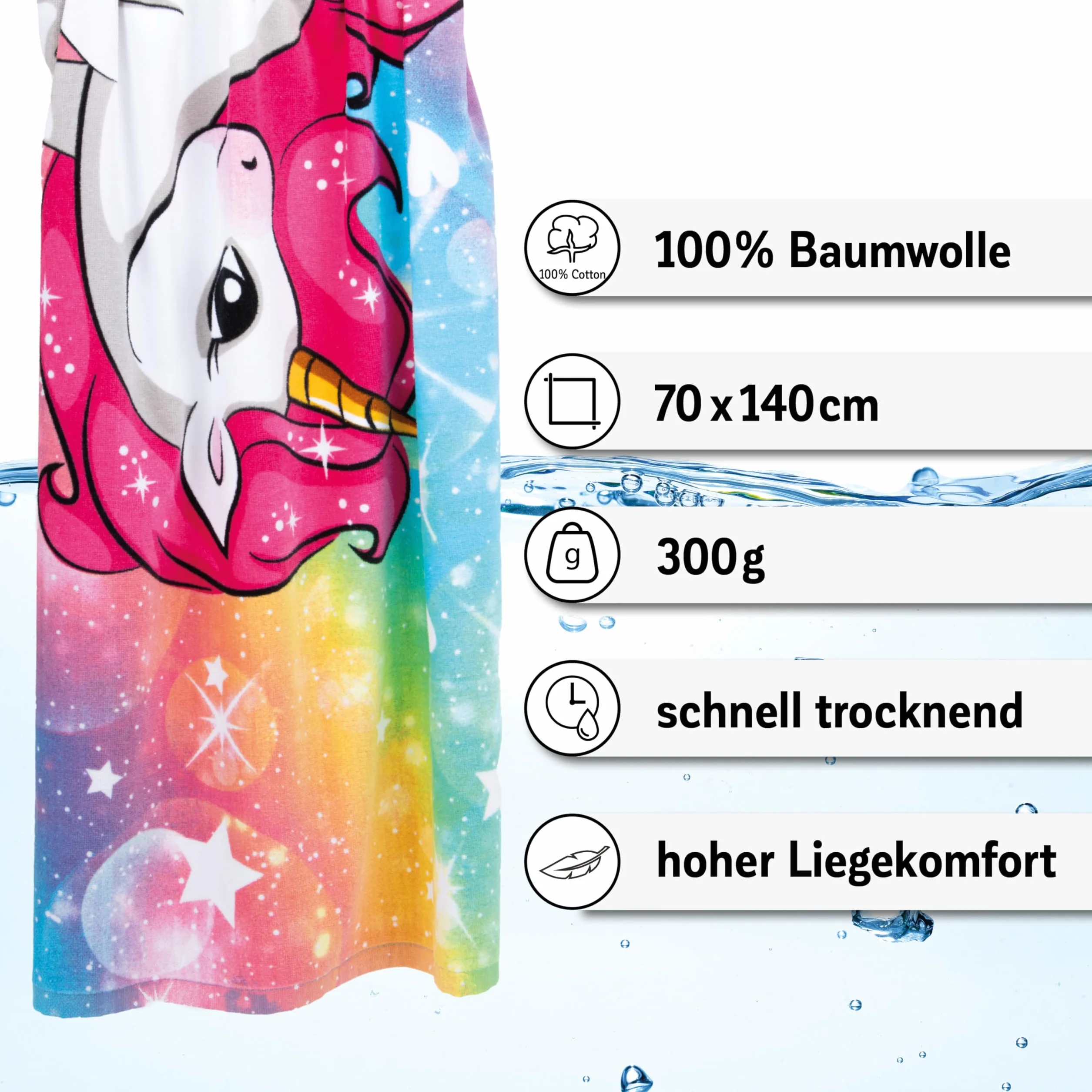 Einhorn Handtuch 70x140cm Kinder Mädchen 100% Baumwolle, Badetuch, Strandtuch, Strandhandtuch, Unicorn, Soft, schnelltrocknend, weich, Pferd