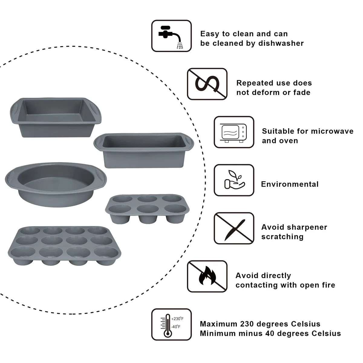Aschef 12x Antihaft Silikon Backformen Brotbackform Kuchenform Muffinform mit Teigschaber Backpinsel Messlöffel Set, Hitzebeständige Backform für Backen Pizza Brot Kuchen Cupcake Muffin- Grau