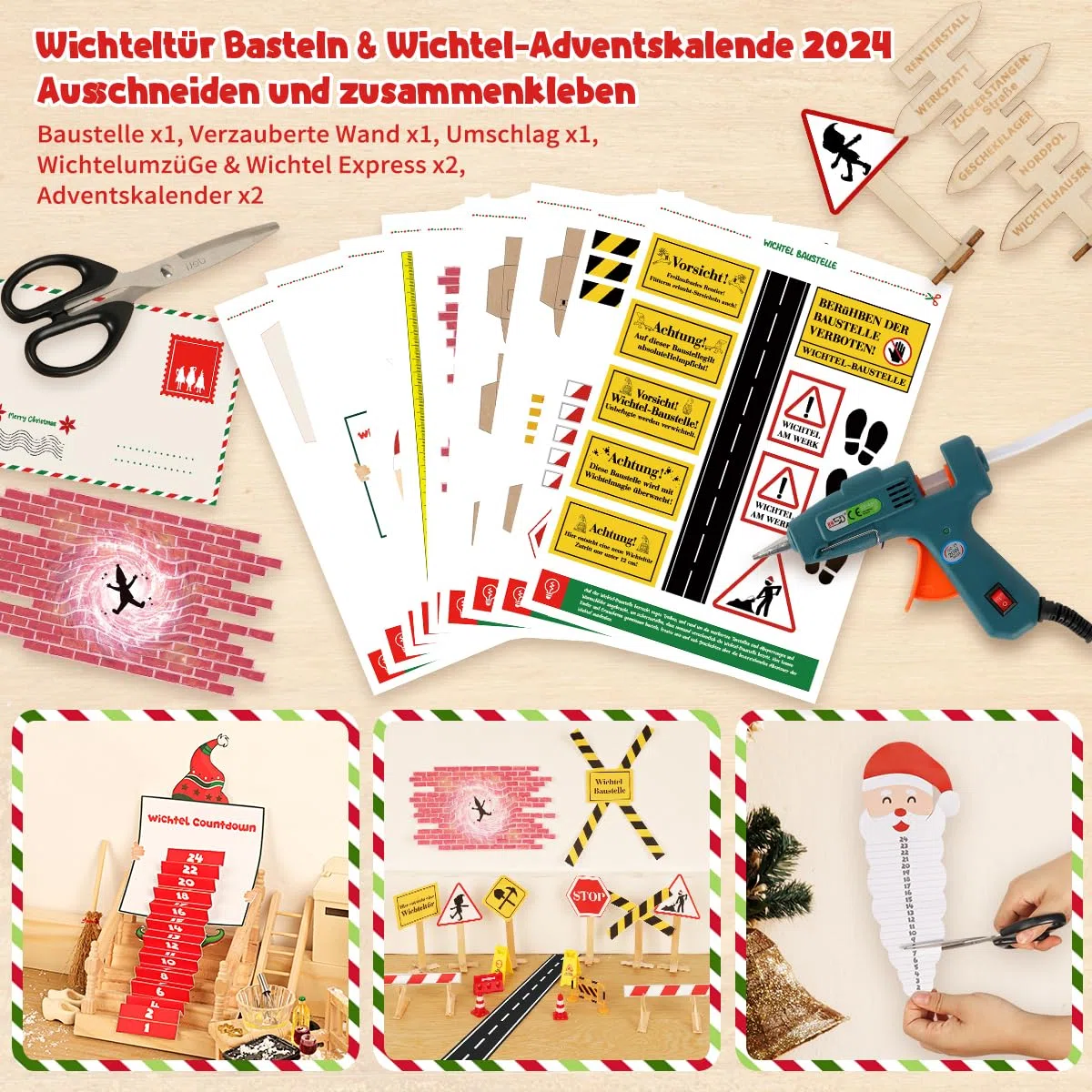 75Pcs Wichtel Zubehör mit Briefe Weihnachten Wichteltür Komplettset, Elfentür Beleuchtet Miniatur Wichtel Baustelle Kamin Staffelei Backset, Wichtelhaus Feentür Zum öffnen adventskalender DIY