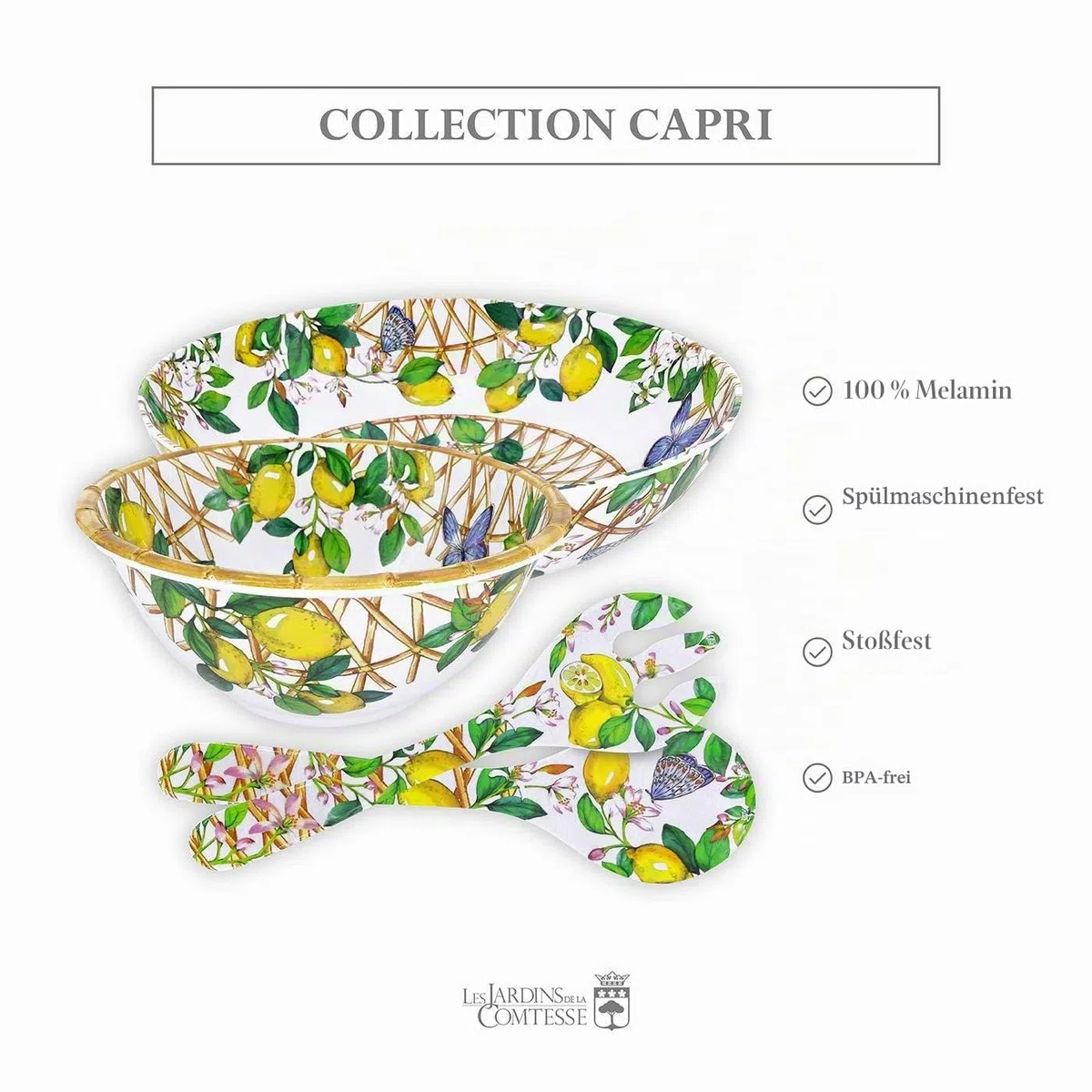 Les Jardins de la Comtesse - Salatbesteck aus Melamin – Capri – 33 cm – Zitronen gelb – Geschirrset Quasi-unzerbrechlich MelARTmine