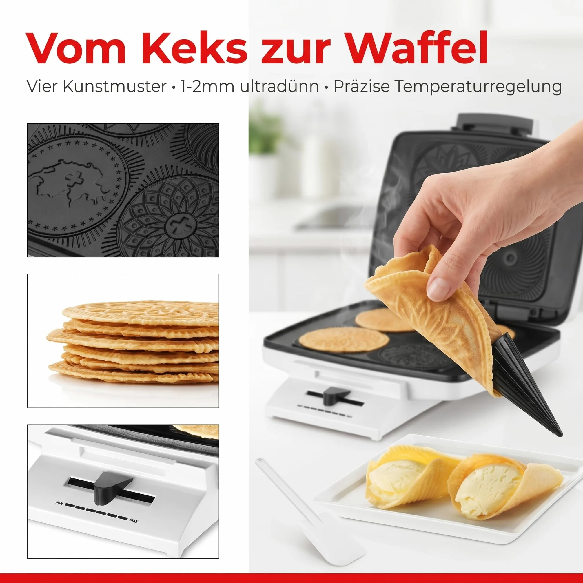 Trisa Bricelet Classique - Schweizer Bretzeli-Eisen 1000W, Premium Hörnchenautomat für 4 Waffeln mit edlen Motiv-Prägungen, Eiswaffel Maker inkl. Hörnchenformer & Rezept auf dem Deckel, Weiß