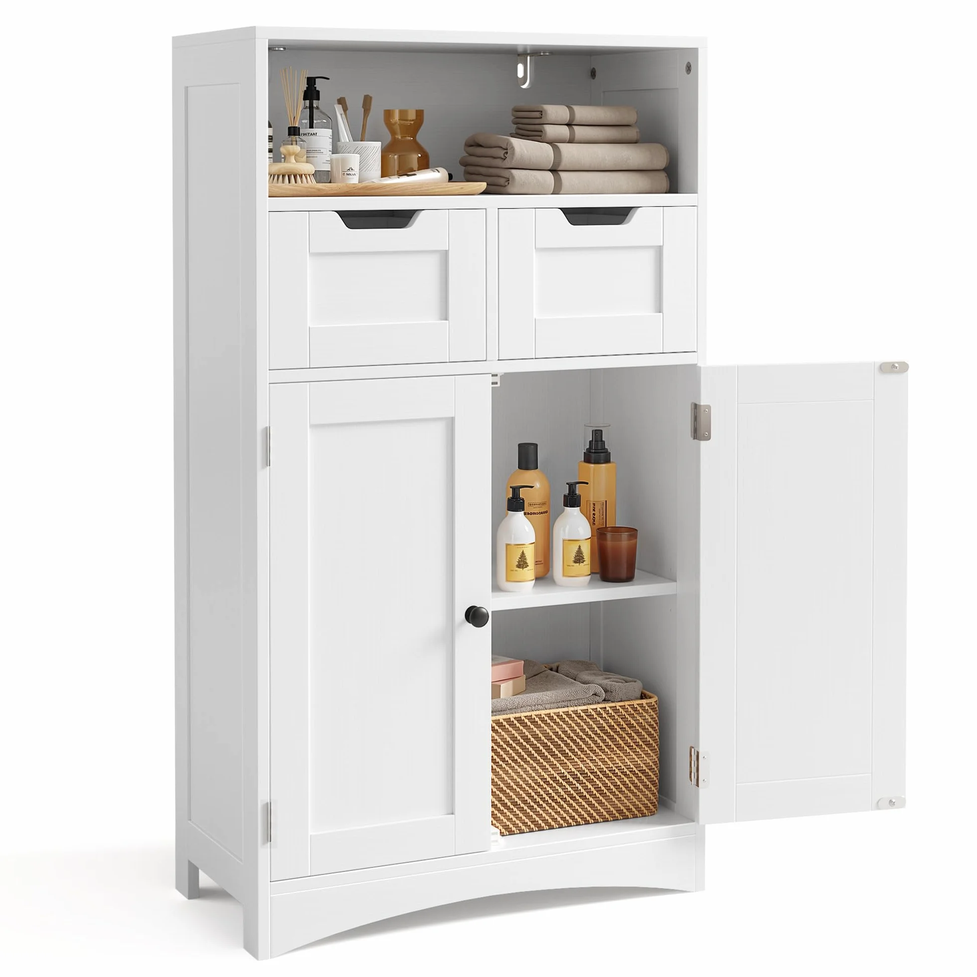 Bealife Badezimmerschrank mit 2 Schubladen, verstellbares Regal, multifunktional, für Badezimmer, Schlafzimmer, Flur (weiß, 60 x 30 x 108 cm) (weiß)