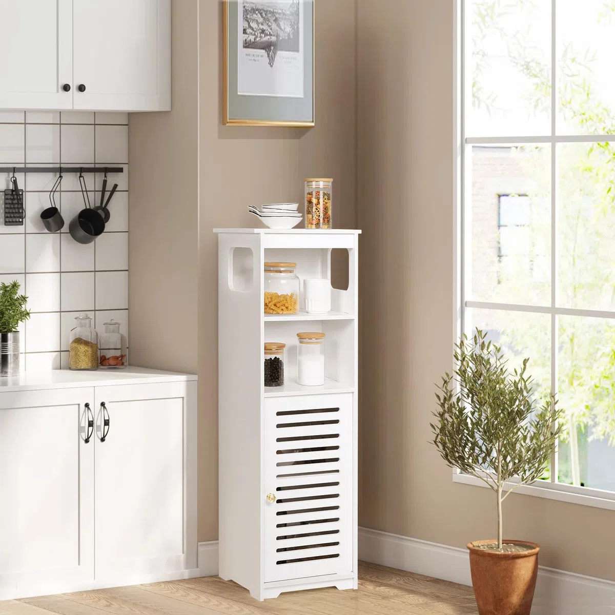 UTOKON Wasserdichter Badezimmerschrank, weißer Boden, stehender Aufbewahrungsschrank, Heimaufbewahrung, Möbelregal, geeignet für WC, Schlafzimmer, Küche, Wohnzimmer (SD)
