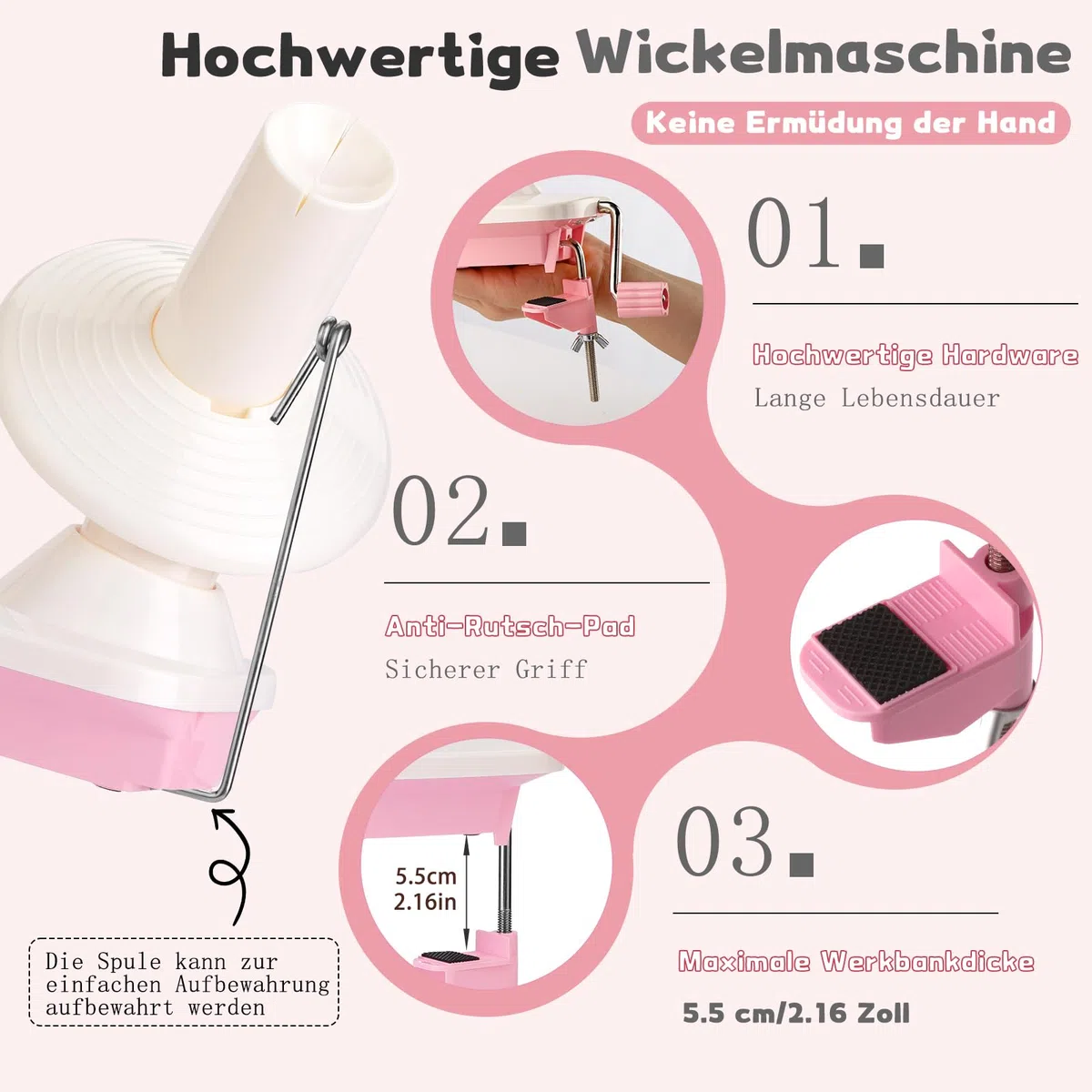 Wamkon Kugelwickler, rosa Garnknäuelwickler zum Häkeln, einfach zu installierender Garnrollenwickler, mit Anleitung und Aufbewahrungsbox