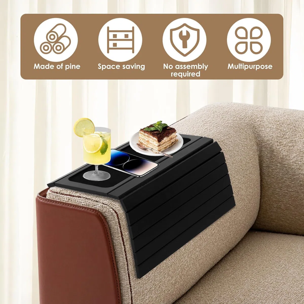 Sofa-Armlehnentablett Sofatablett Armlehne – Flexible Couchablage Sofabutler Couchtablett 43x34cm Sofa Ablage Holztablett aus Kiefernholz Sofa Tablett Butler Auflage für Getränke, Handy & Laptop