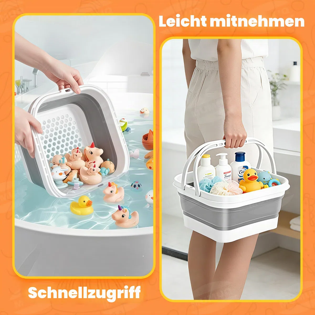 Badewannenspielzeug Aufbewahrung Faltbarer Badespielzeug Organizer, Badespielzeughalter mit Basis, Schnell Abfließender Trocknender Badewannen Spielzeugkorb, Grau