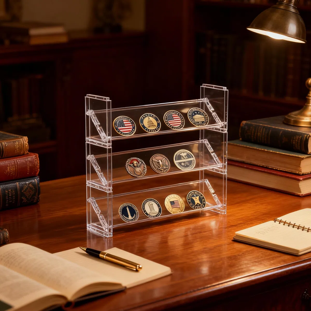 Plastik Münzen Display Regal 3‑tier – Transparenter 3‑Stufiger Münzhalter mit Kartenschlitzen – 30 cm Länge, 8 cm Tiefe, 9 cm Höhe – Stapelbar & Einzeln nutzbar für Challenge Coins