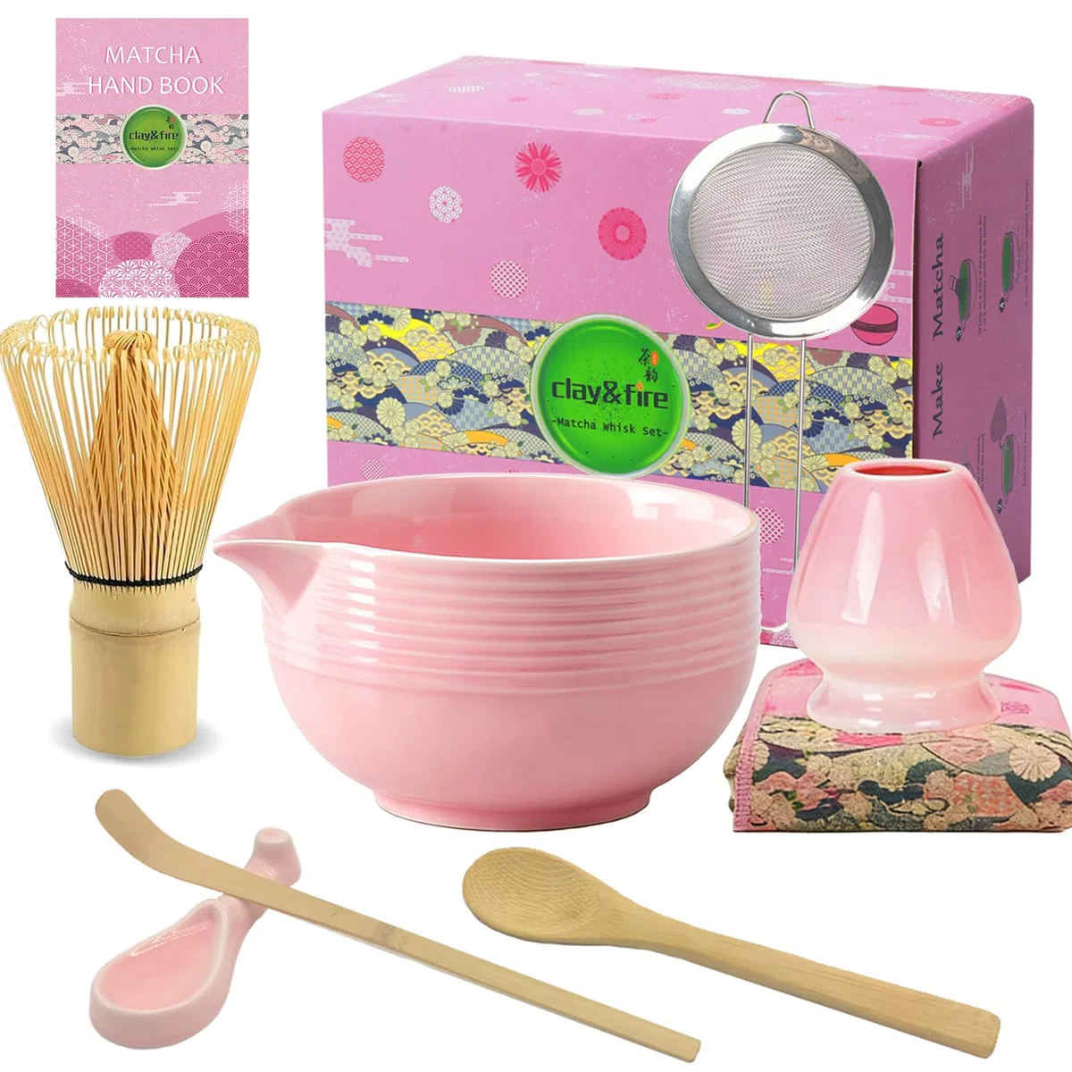 Clay&Fire Matcha Set, 9 Teiliges Matcha Besen Set - Bambus Matcha Whisk, Matcha Schale mit Auslauf, Japanisches Matcha Kit für Matcha-Liebhaber, Weihnachtsgeschenke,Geschenk (Streifen Rosa)