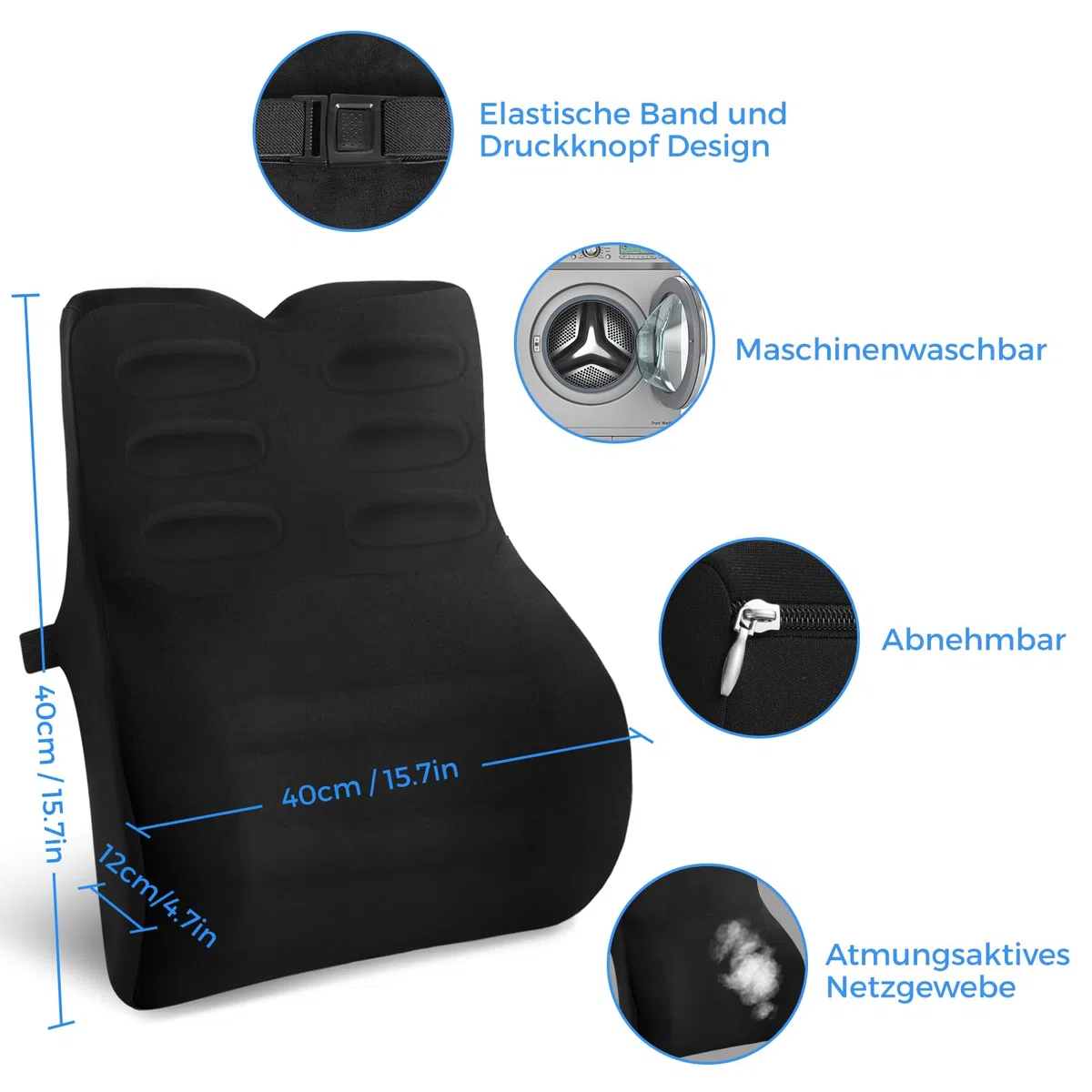 Lendenwirbelkissen Ergonomisch, Rückenkissen für Auto, Büro und Zuhause, Lendenkissen mit Memory Foam und Atmungsaktiver Hülle, Lordosenstütze zur Schmerzlinderung, Schwarz