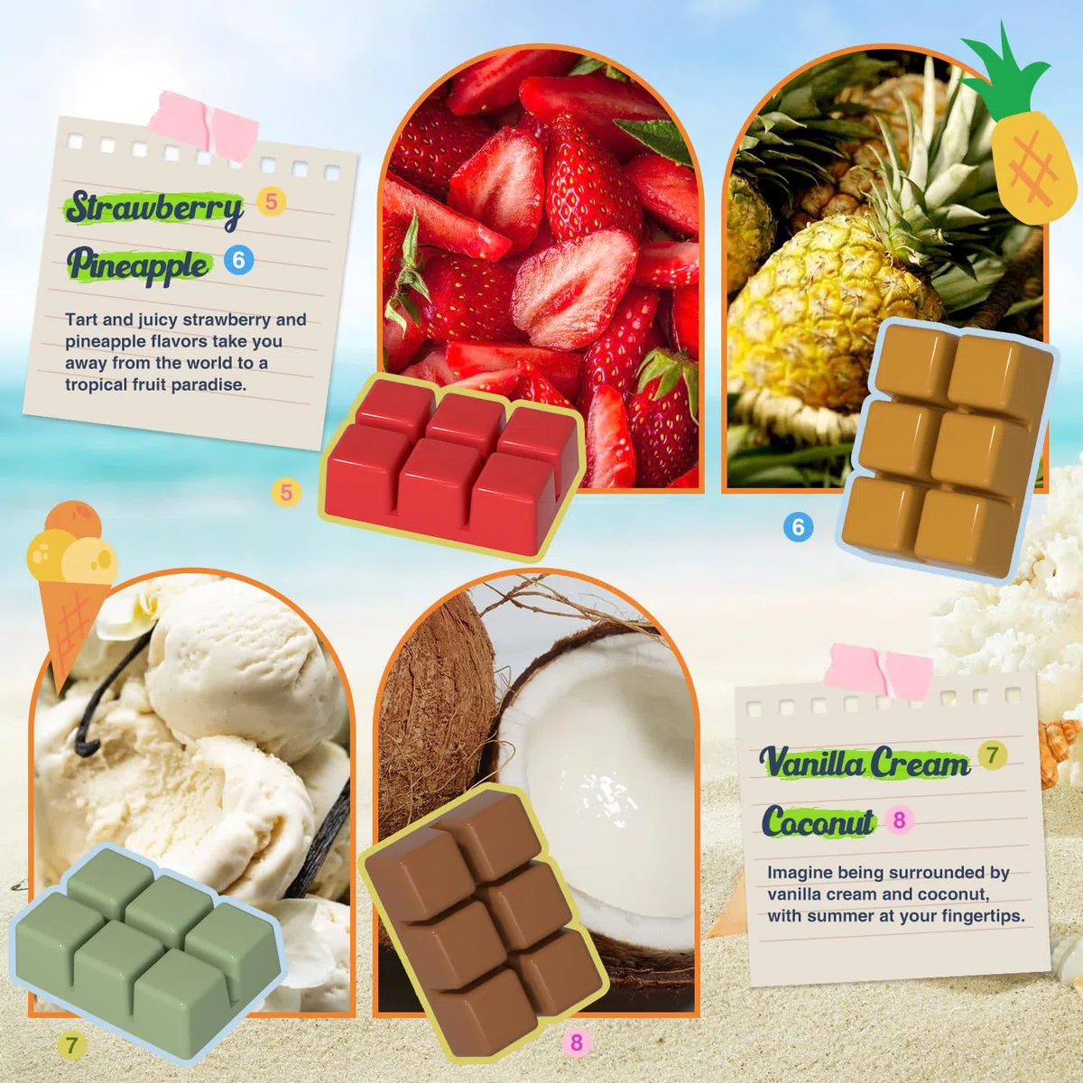 Salubrito Sommer Duftwachs für Duftlampe, Duftwachswürfel Wax Melts für Kerzen Wärmer, 100% Sojawachs Raumduft Duftkerze, Geschenk Set für Sommerferien, 8 Düfte