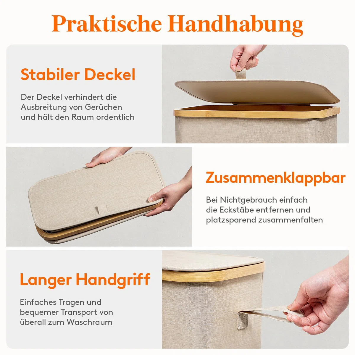 Lifewit 70L Wäschekorb Schmal mit Deckel, Faltbarer Wäschesammler Schmal mit Wäschesack, Laundry Basket Wäscheboxen aus Bambus mit Tragegriff für Apartment, Wohnheim und Wohnwagen, Beige