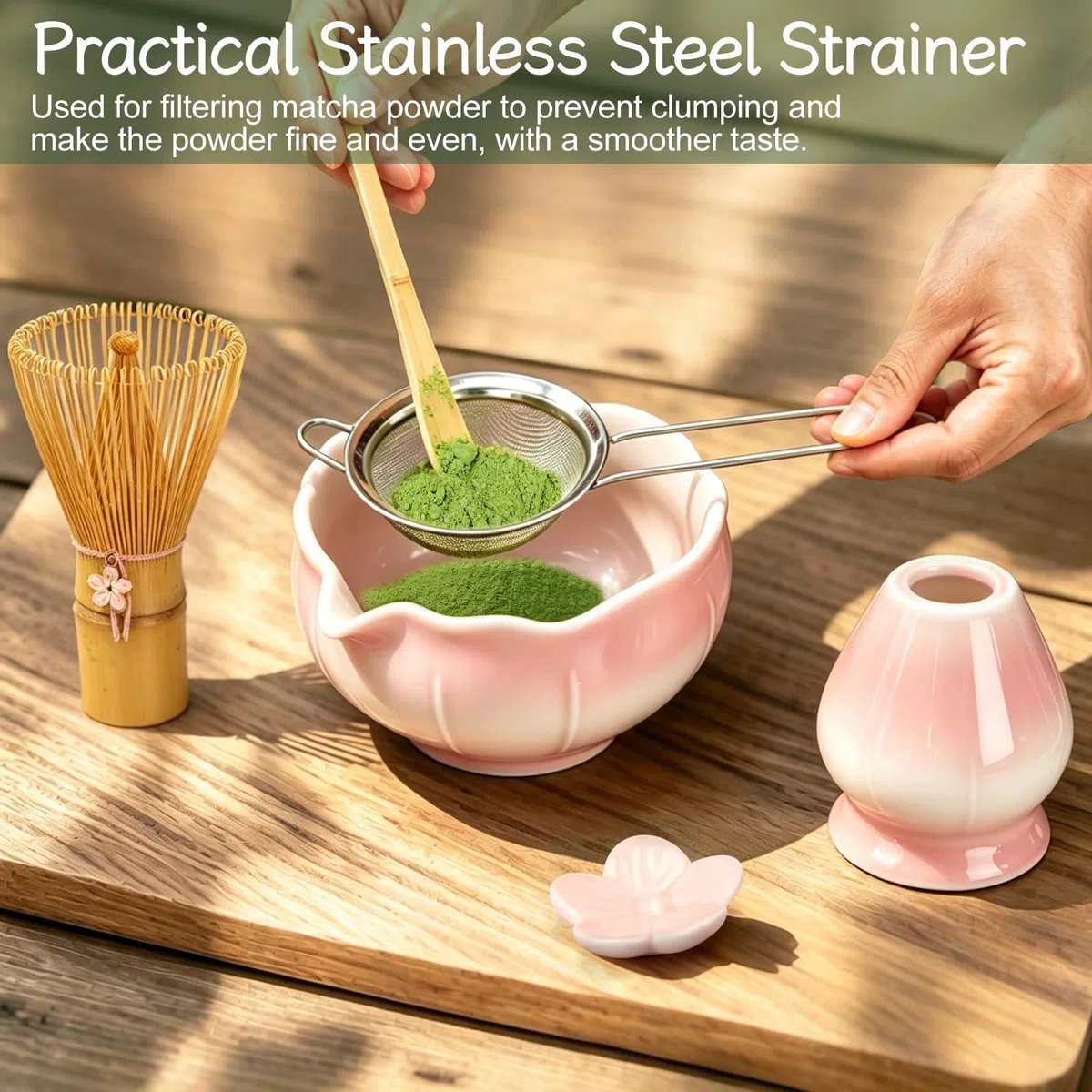 Matcha Besen Set, Matcha Set Rosa - Matcha Schale mit Ausgießer, Bambus Matcha Besen, Besenhalter, Sieb, Löffel und Halter, Japanisches Matcha Kit für Matcha-Liebhaber (Rosa)