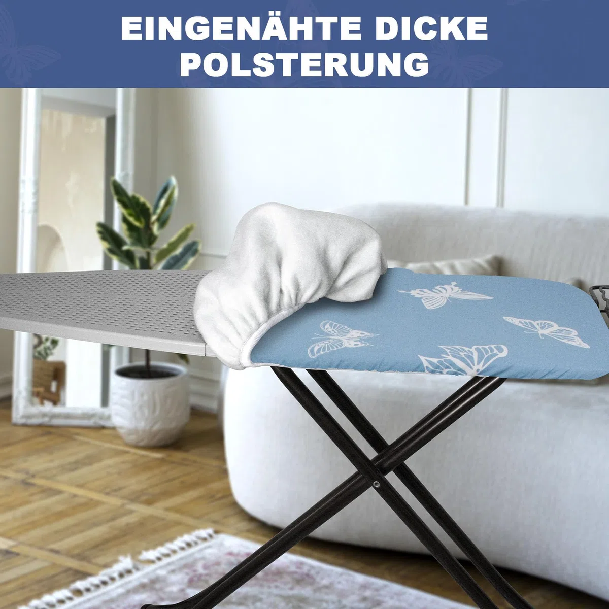 Bügelbrettbezug mit Dicker Polsterung 120x40, 125x45, Rundum-Elastikband, Klettverschlüsse, passend für Bügeltische, ideal für Dampfbügelstationen Ironing Board Cover (Blue (Butterfly)