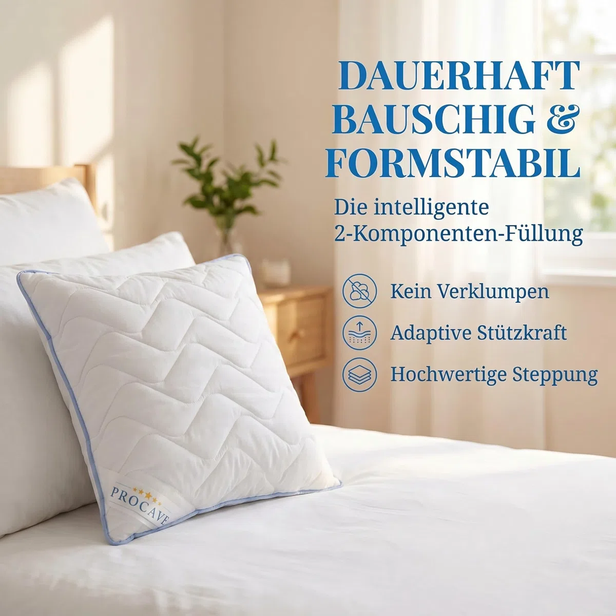 PROCAVE TopCool Kopfkissen Kochfest 40x40 cm, Qualitäts-Stepp-Kissen, atmungsaktives Allergiker Kissen, Winter- und Sommer-Kissen 100% aus Deutschland