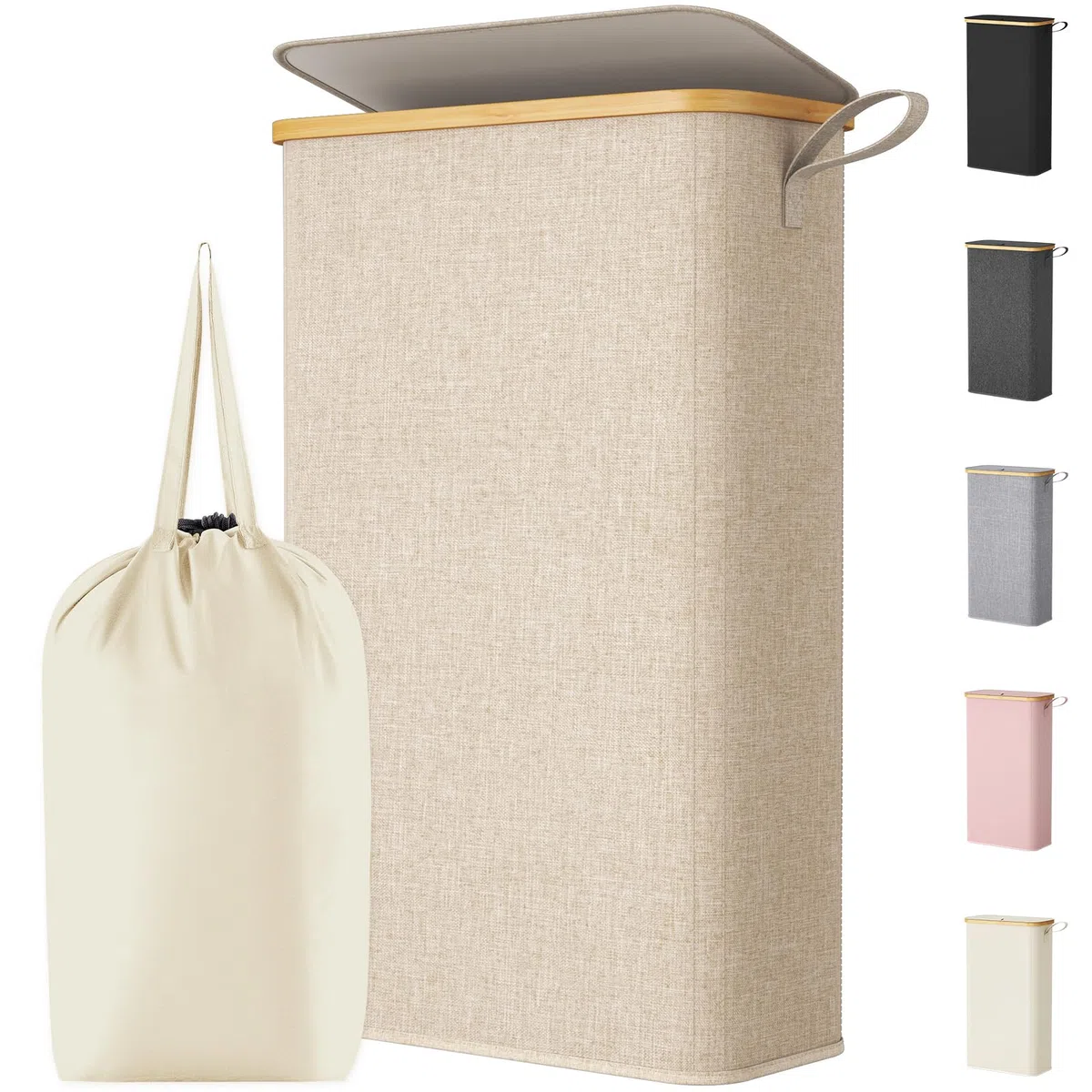 Lifewit 70L Wäschekorb Schmal mit Deckel, Faltbarer Wäschesammler Schmal mit Wäschesack, Laundry Basket Wäscheboxen aus Bambus mit Tragegriff für Apartment, Wohnheim und Wohnwagen, Beige