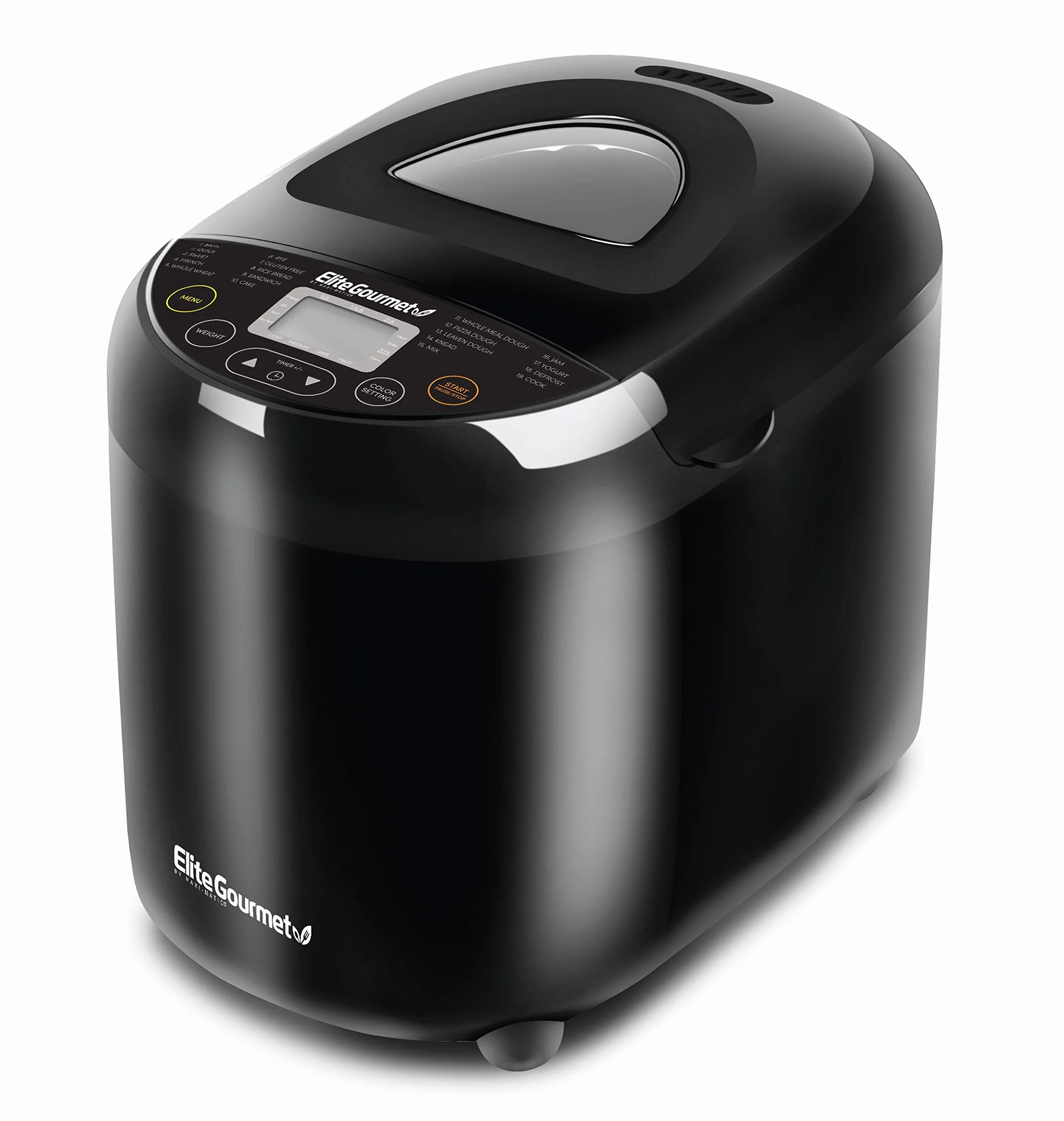 Elite Gourmet EBM8103B Brotbackmaschine, programmierbar, 3 Laibgrößen, 19 Menüfunktionen, glutenfrei, Weißweizen, Roggen, französische Backwaren und mehr, 0,9 kg, schwarz