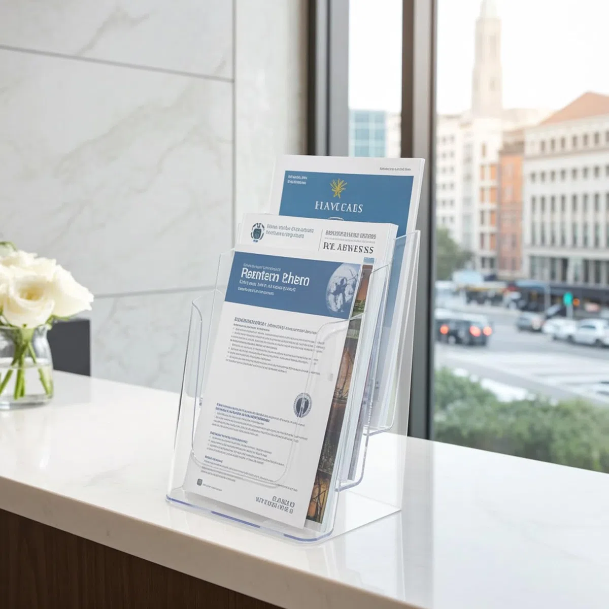 Din A4 Prospekthalter Hochformat, 3 Etagen / Mehrfach Prospektständer, Flyer-Ständer, Flyerhalter, Werbung, Aufsteller, Tisch-Prospektständer, Wandmontage, Prospektbox