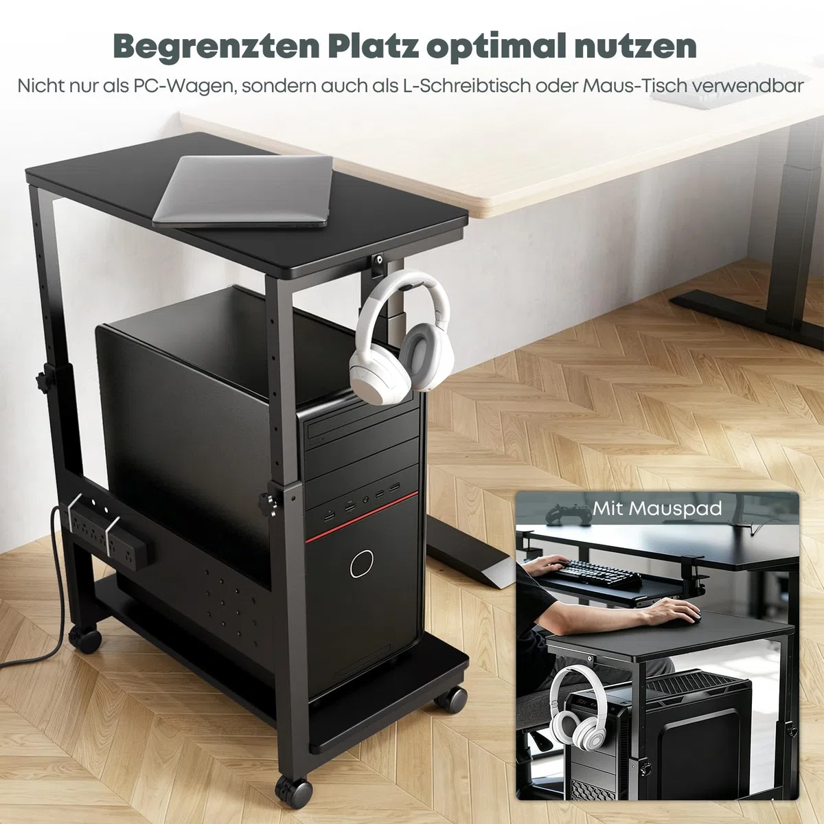 Computer Tower Ständer mit Rollen - Höhenverstellbar von 50.5 cm bis 80.5 cm, 2 stöckiger PC Ständer mit Rollen und Maus Pad, Max. Belastung pro Ebene 40 kg für Gaming, Büro, Zuhause, Schwarz