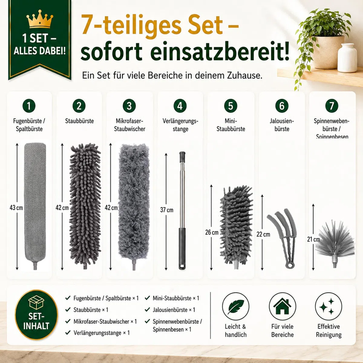 Staubwedel Teleskop 250 cm, 7-teiliges Waschbares Mikrofaser-Reinigungsset, Staubwischer lang ausziehbar, Spinnenwebenentferner für hohe Decken, Jalousien & Ecken
