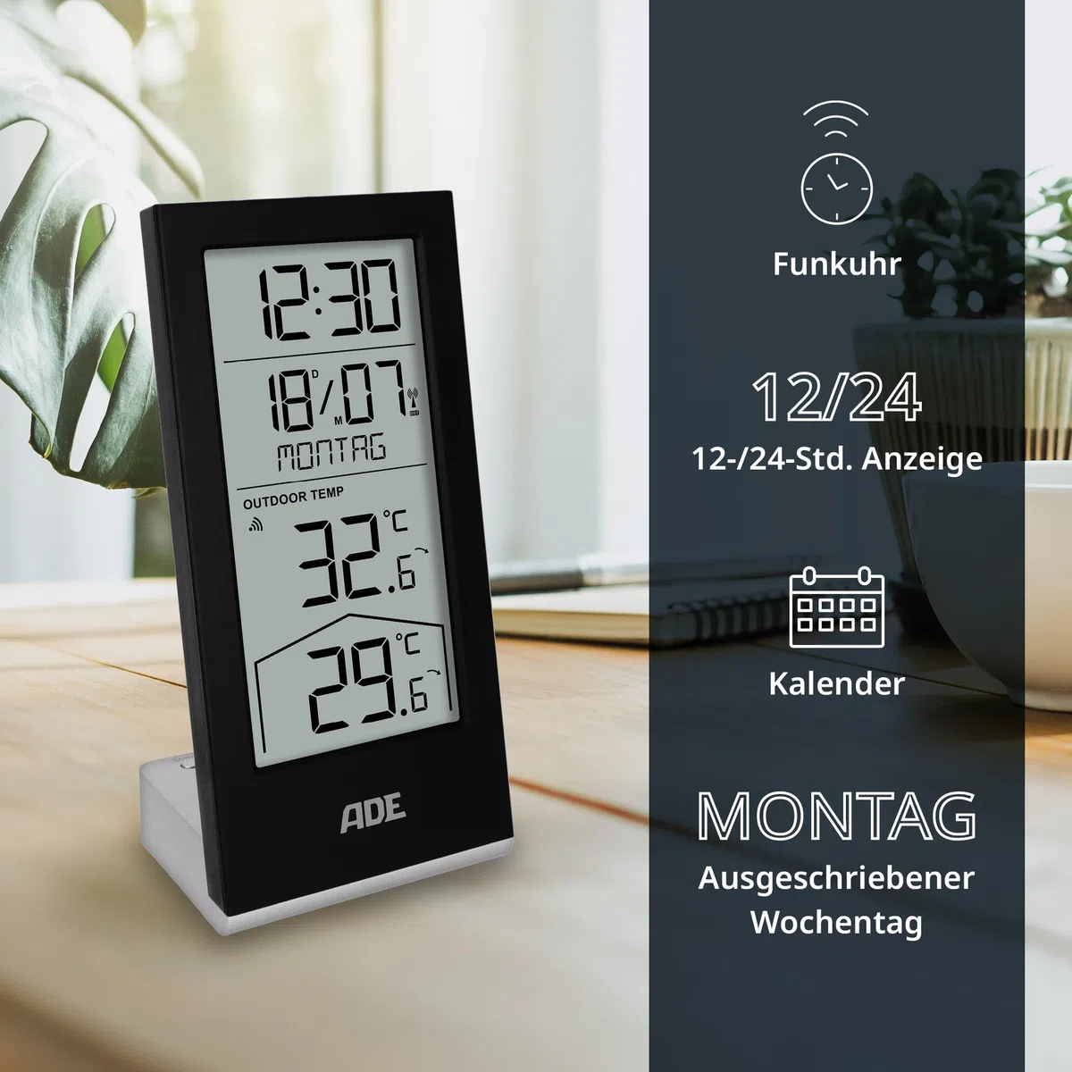 ADE Funkuhr digital mit Temperaturanzeige und Außensensor | Thermometer für Innen- und Außentemperatur | Trendanzeige | Tischuhr mit Datum und Wochentag | inkl. Batterien | schwarz