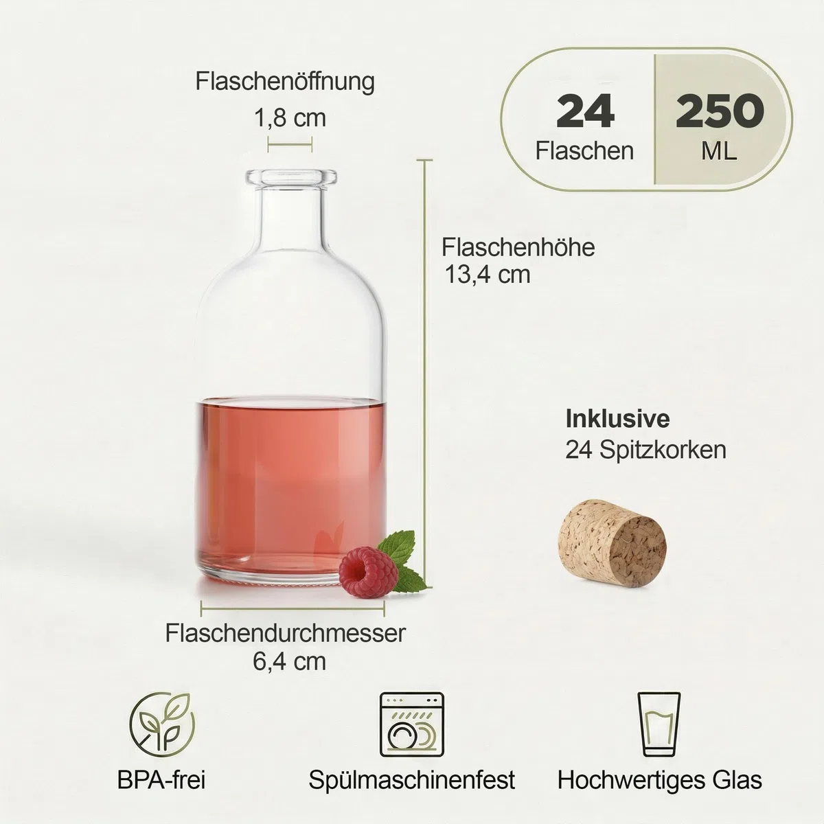 24 Glasflaschen 250ml Leere Likörflaschen 250 ml Apothekerflasche 0,25l mit Spitzkorken zum Befüllen Kleine Glas Flasche Korken Likör Schnaps Öl Essig Geschenk Weihnachten