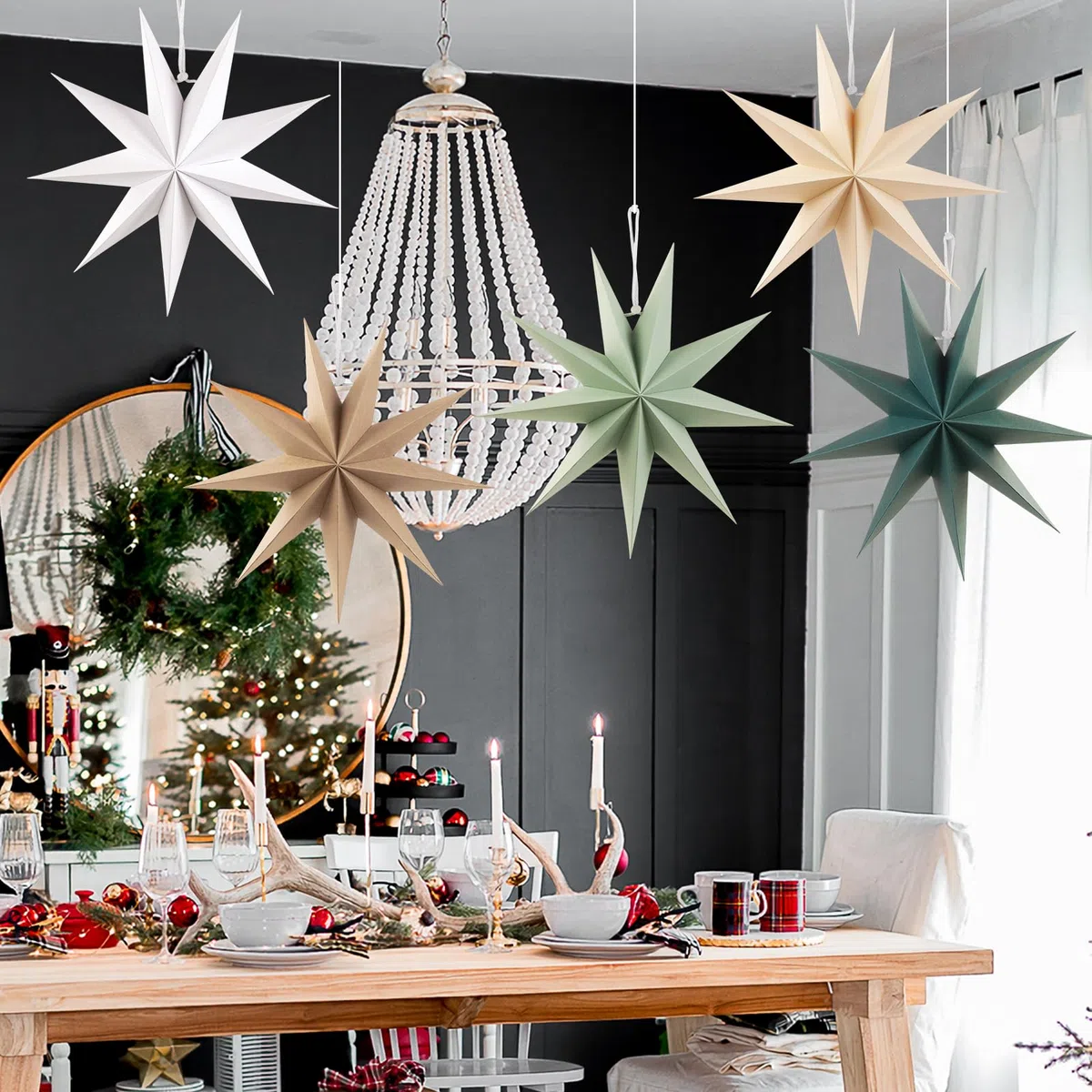 SUNBEAUTY 5er Set Papiersterne Beige 30cm Braun Faltstern Weihnachten Dekoration Dunkelgrün 9 Zacken Weiß Salbeigrün Faltsterne Party Deko für Weihnachtsdeko Hochzeit Geburtstag Tischdeko Bunt