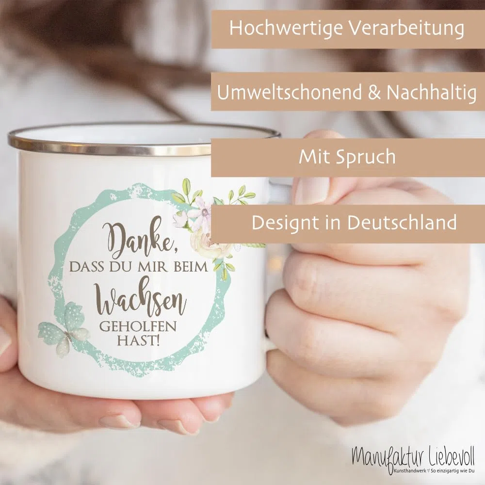 Geschenk für Erzieherin und Tagesmutter - Dankeschön Tasse mit Geschenkanhänger und Spruch "Danke, dass du mir beim Wachsen geholfen hast"
