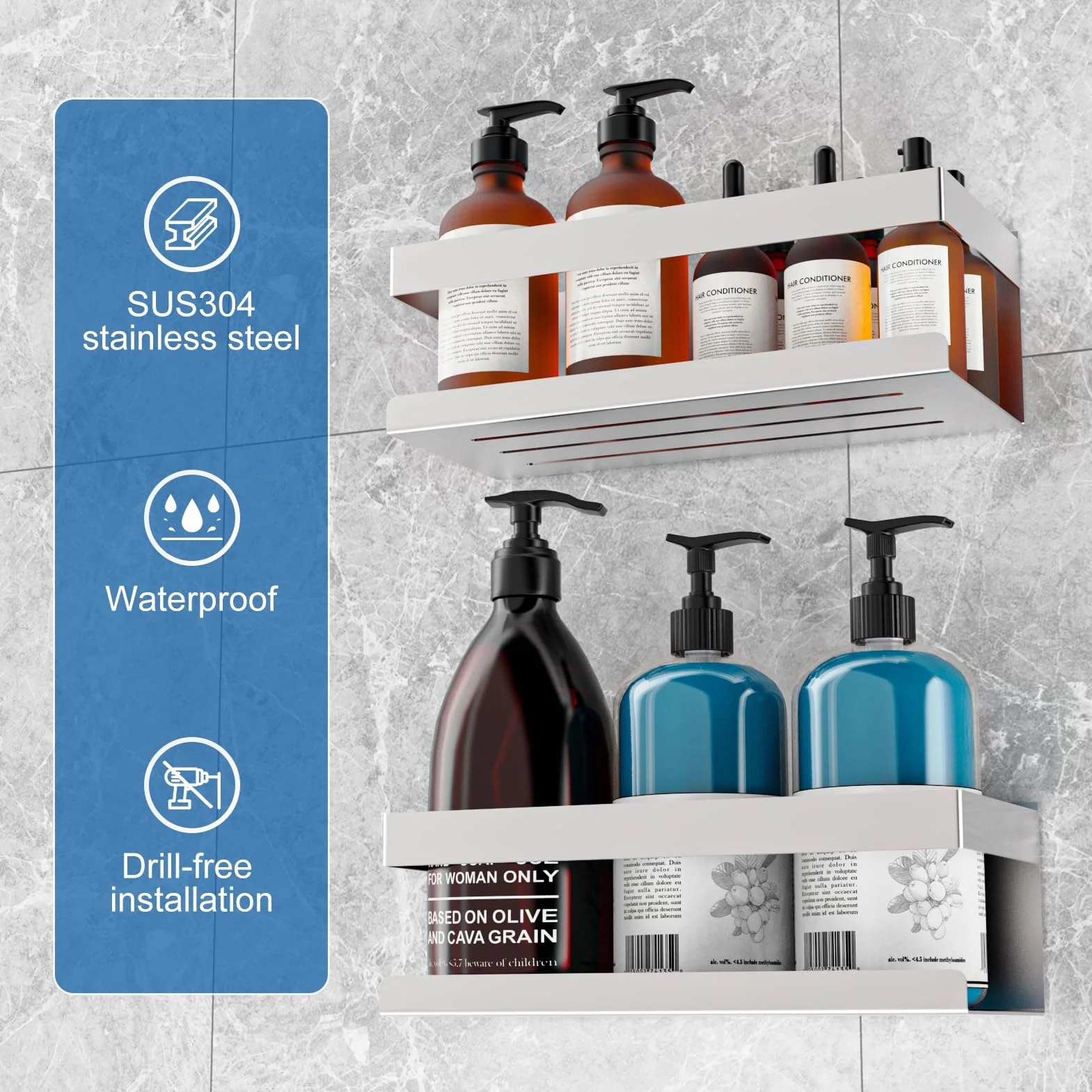 Duschablage Ohne Bohren, Duschregal aus Edelstahl SUS304, 2 Stück Badezimmer Regal Organizer, Shampoo Duschgel Halterung für Dusche (Silber 2 Stück)