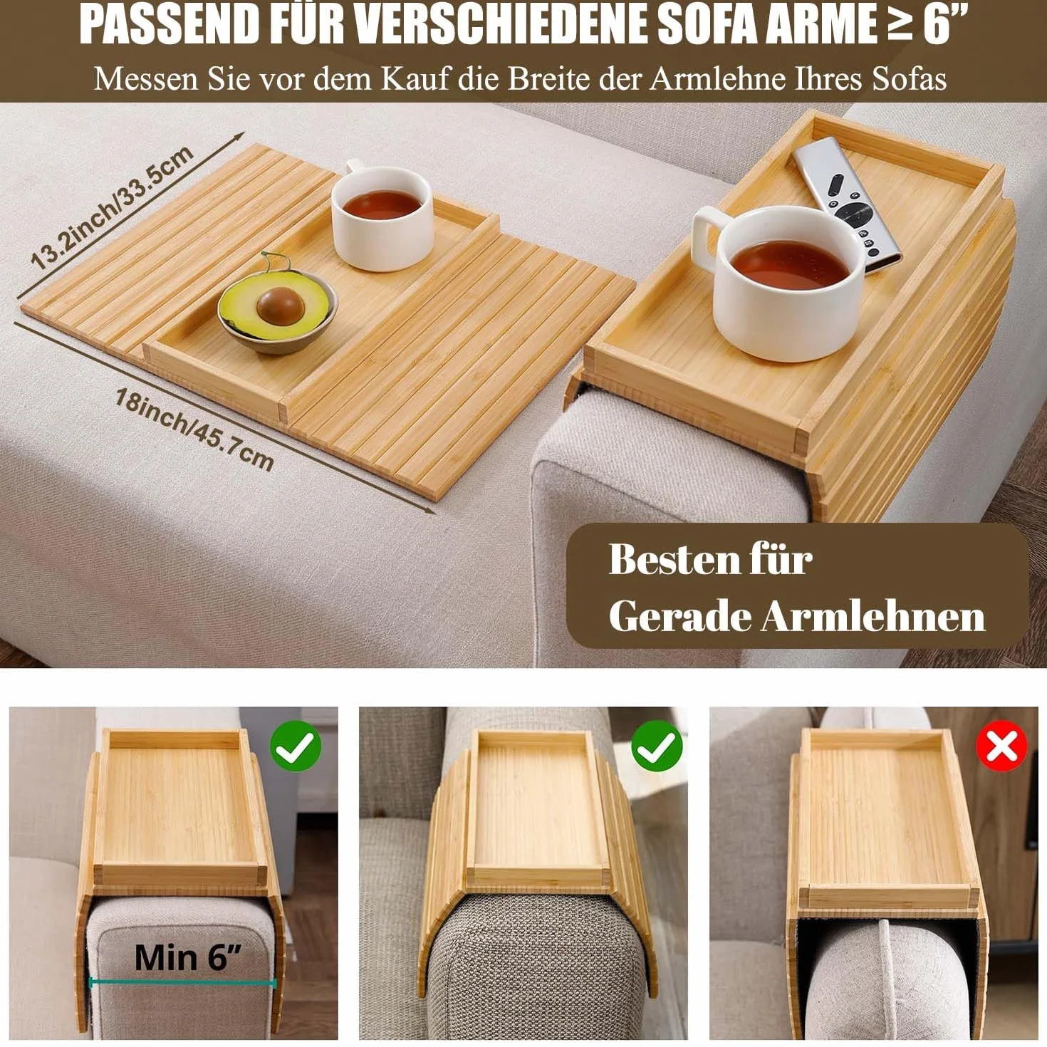 Sofatablett, Faltbares Bambus Rutschfester Couch Tablett, Armlehne, Couch Sofa Tisch für Snacks, Handy, Tassen