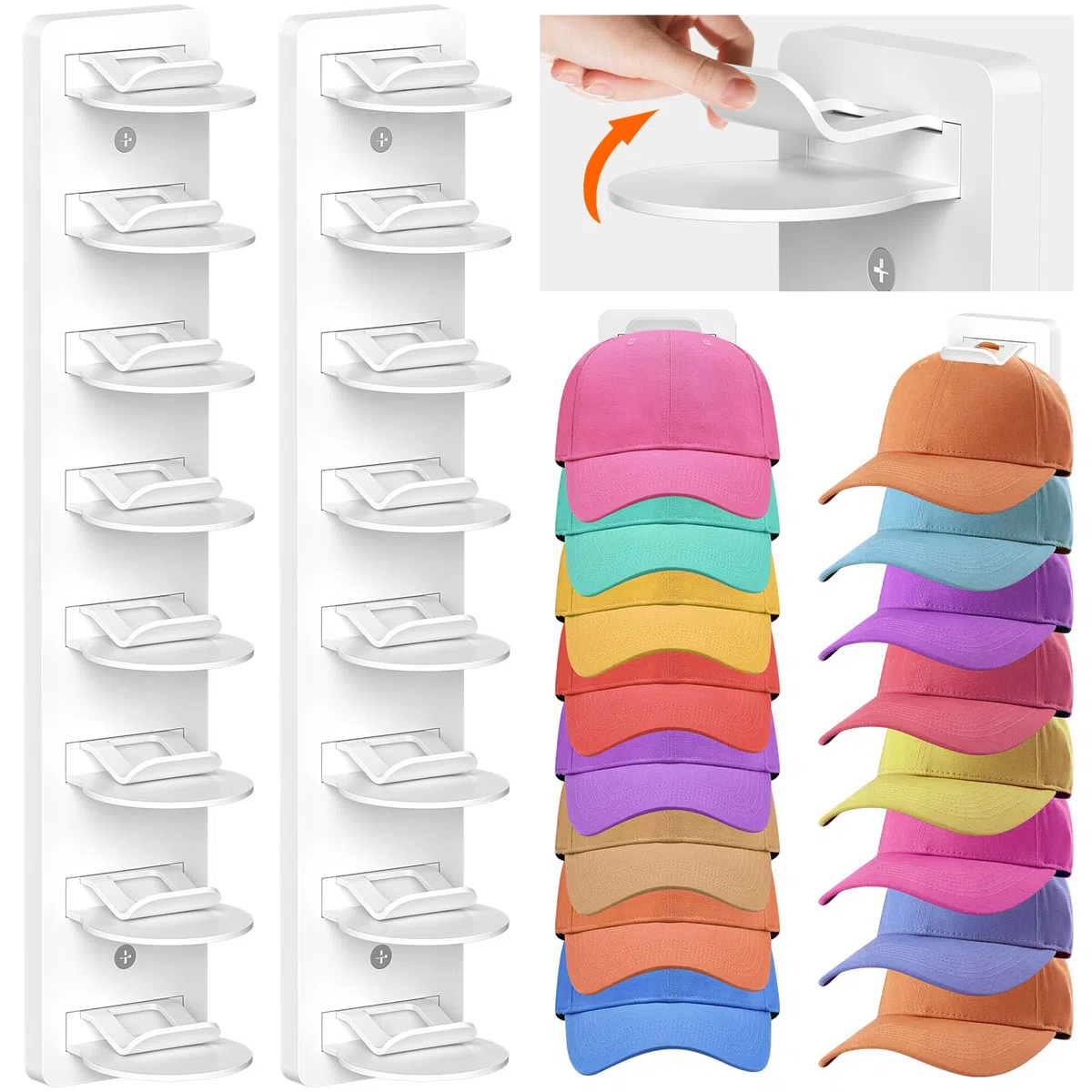 Eiito Hut-Organizer für Baseballkappen, 2 Stück, stark klebend, Hutablage für Wand, mehrschichtige Hutaufbewahrung, Wandmontage, Huthaken für bis zu 16 Hüte für Schranktür und Schlafzimmer (White)