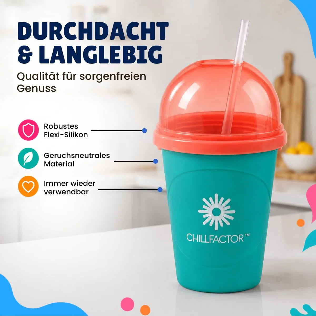 Slushy Maker – Tragbarer Slushy Becher aus Silikon mit 2-in-1 Strohhalm und Löffel – Slush Ice Maker für erfrischende Slushies – Slushi Cup zum Slush Eis selbermachen – 370ml