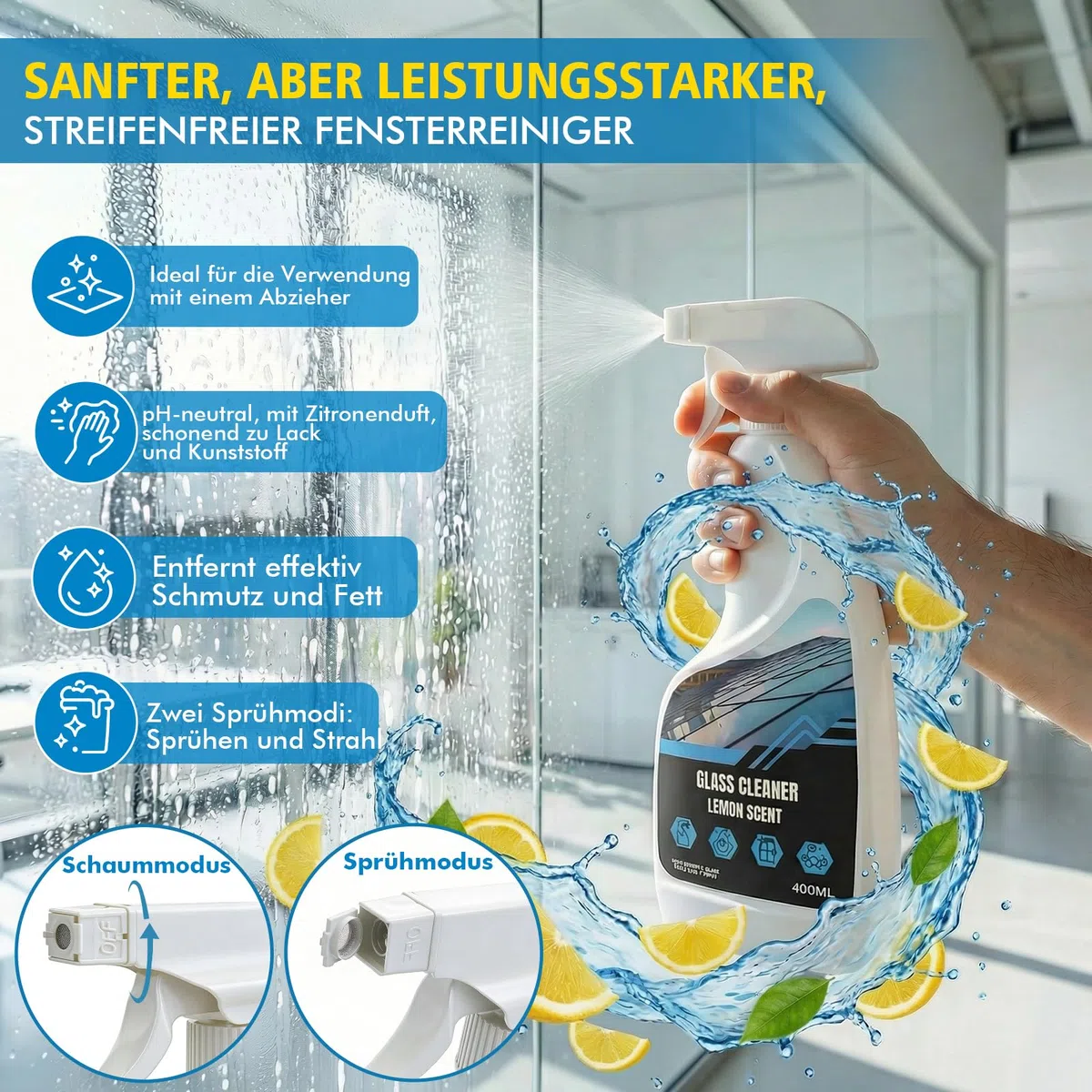 2M Fensterreiniger Set mit 400ml Glasreiniger, 2-in-1 Fensterreiniger & Fensterabzieher mit Teleskopstiel, Profi Fensterputzer Set Hocheffiziente Streifenfreie Reinigung für Fenster, Dusche, Spiegel