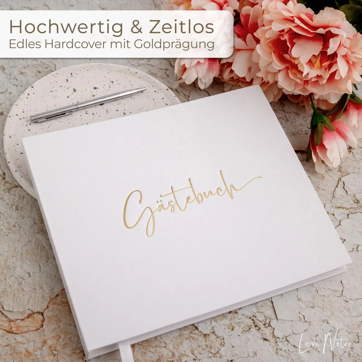 Love Notes Gästebuch Hochzeit, Geburtstag & Jeder Anlass [100 Blanko Seiten] Hochwertiges Gästebuch für unvergessliche Erinnerungen, Edle Gold Prägung, 21x23 cm, Ringbuch Hardcover (Weiß)