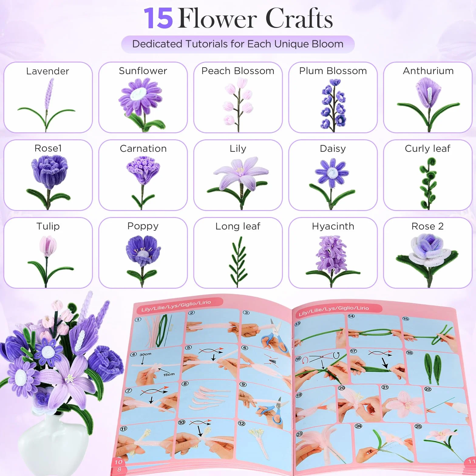 Funtopia Pfeifenreiniger Blumen Bastelset, 540 Stück Pfeifenputzer zum Basteln mit 15 Blumen-Designs Anleitung, Chenilledraht, Blütenstempel, Blumendraht & Klebeband, DIY Blumenstrauß, Lila & Violett