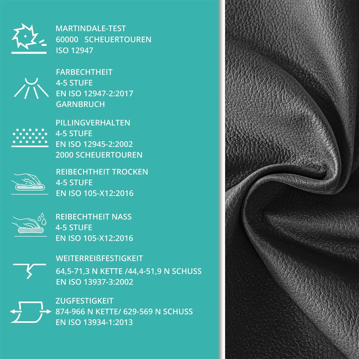 DreamRoots Weiches Kunstleder Meterware, 650 g/m², 140 cm - Wasserabweisend - Polsterstoff & Möbelstoff - Stoffe für Stühle Beziehen - EN 1021-1 Geprüft - OEKO-TEX, Schwarz, 1 m (100 x 140 cm)