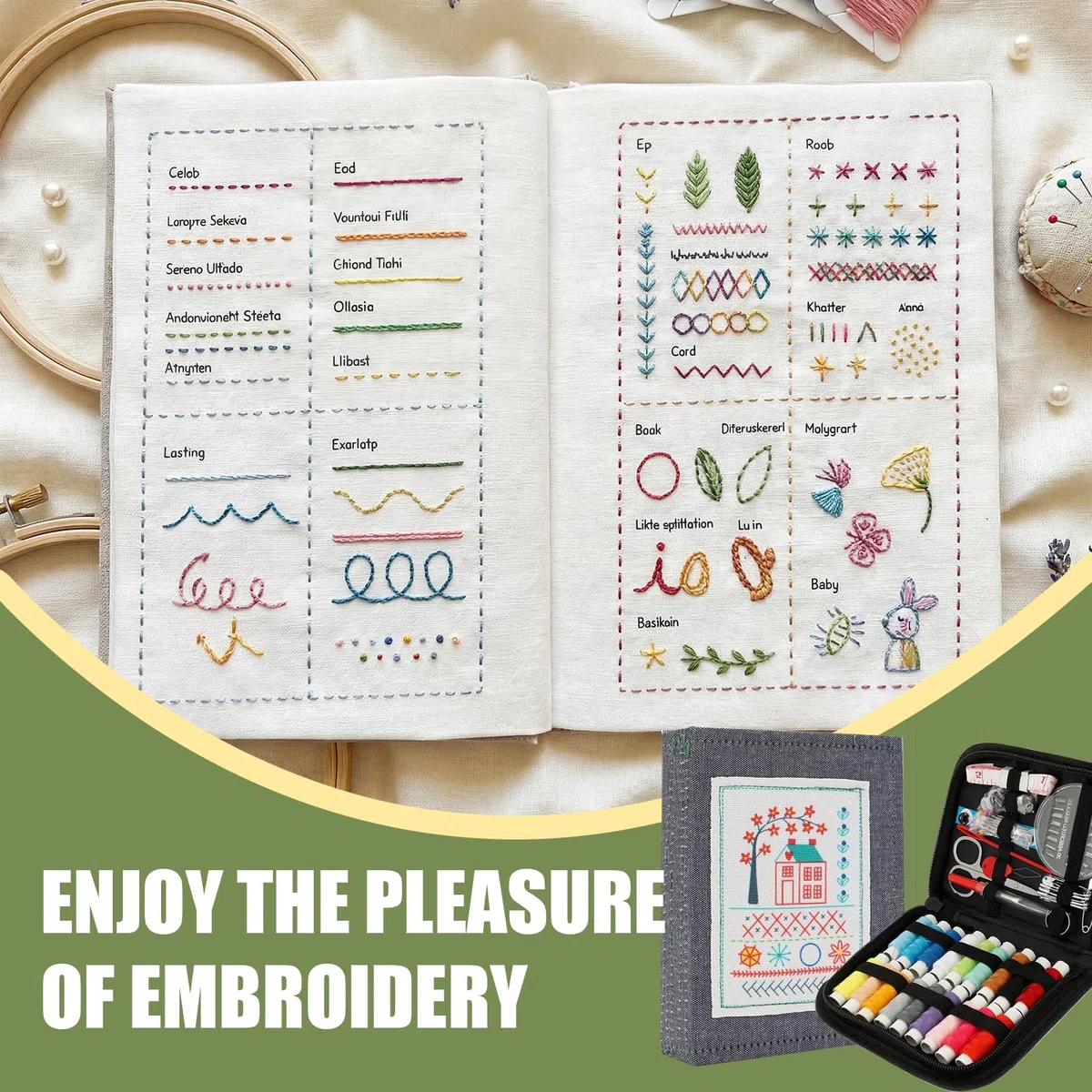 MinXin Embroidery Stitch Book, DIY Embroidery Kit, Stickbuch zum Selber Sticken, mit Schritt-Anleitungen für 143 Stiche, Gestalte Dein Eigenes Buch, Sticken für Anfänger, Erwachsene