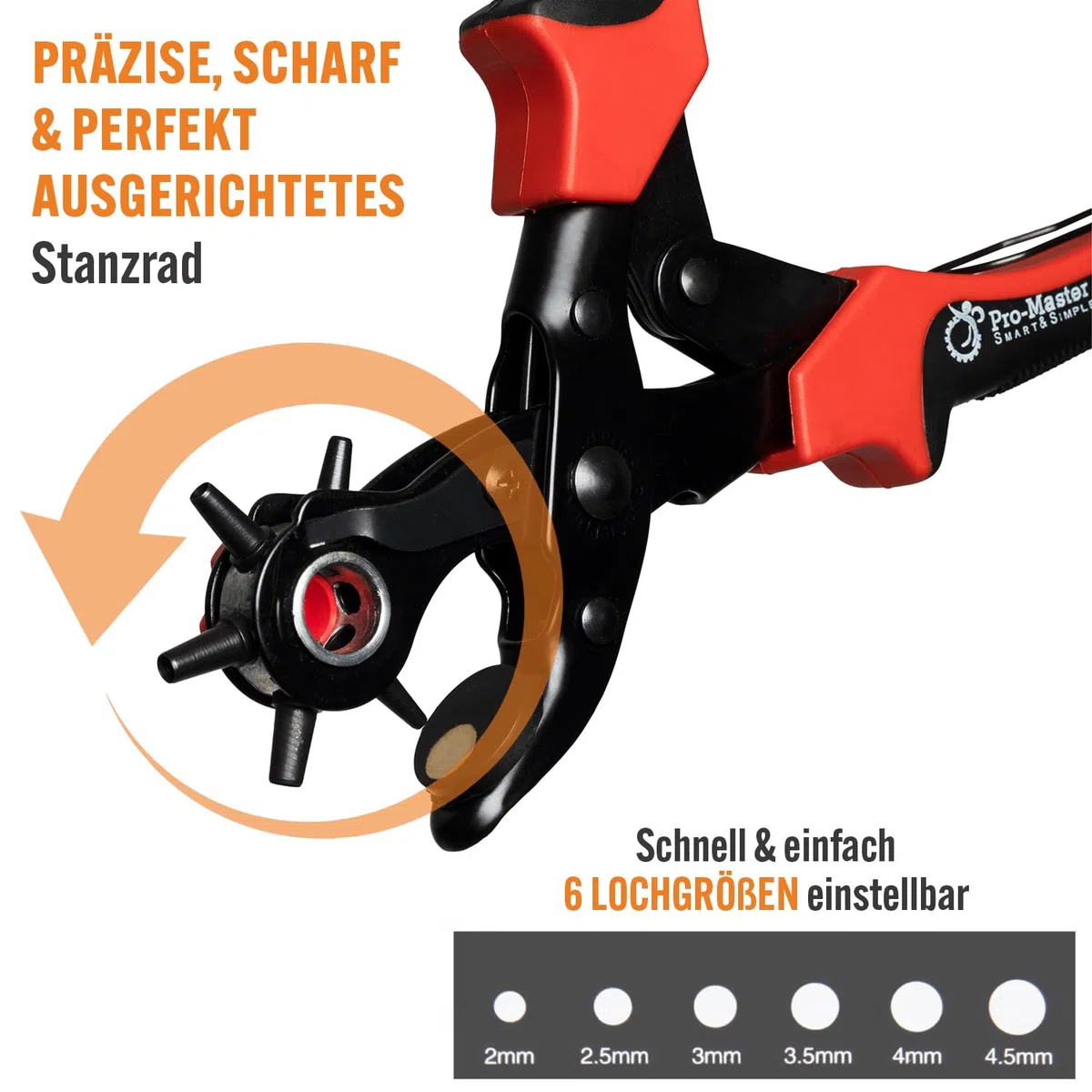 PRO-MASTER robuste Lochzange für Leder & Gürtel, Komplettset mit 6-fach verstellbarer Revolverlochzange 2–4,5 mm, Gürtellocher Set für Hundehalsband, Lederarmband, Stoff, Canvas, Gummi & Kunststoff