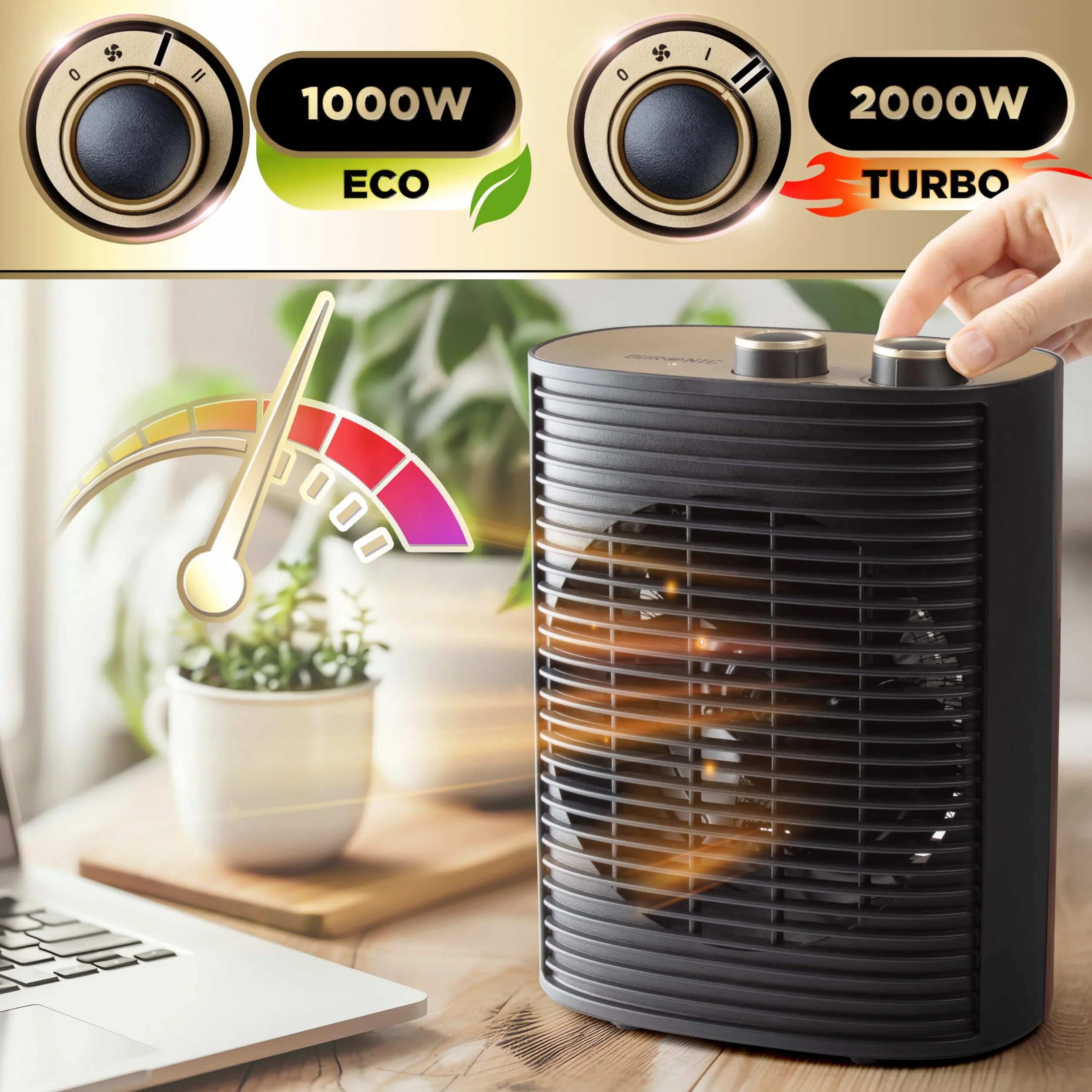 Duronic Heizlüfter, 2000 Watt Elektroheizung für Steckdose, kleine Mini Heizung als Fußwärmer, Elektroheizkörper mit 2 Stufen, Kaltfunktion (HV32 BK)