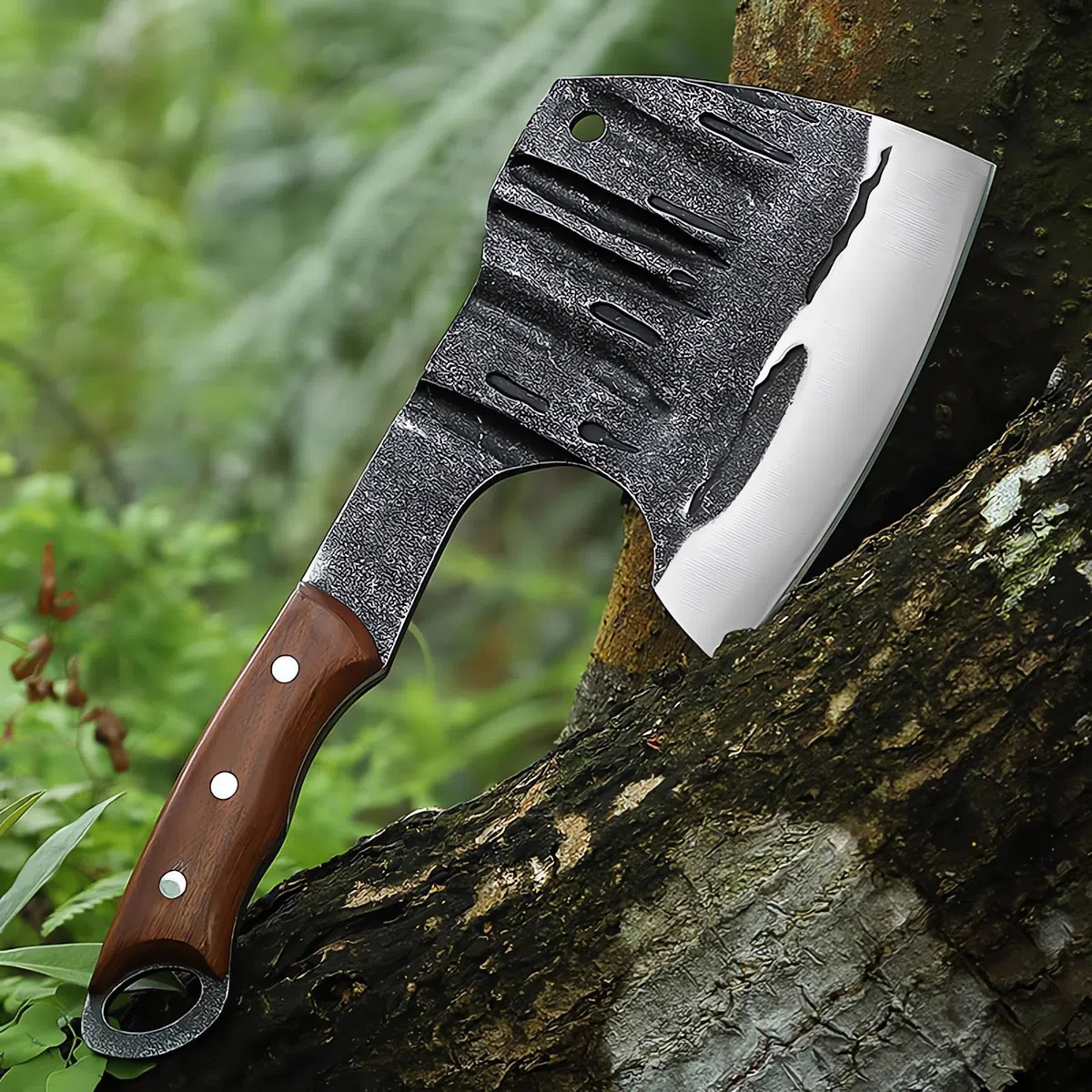 Profi-Küchenbeil mit Holzgriff, Full Tang Küchenbeil mit Lederscheide, Scharfes Metzgermesser aus hochwertigem Kohlenstoffstahl, Hackmesser für Knochen,Messer Outdoor Schwerstarbeit